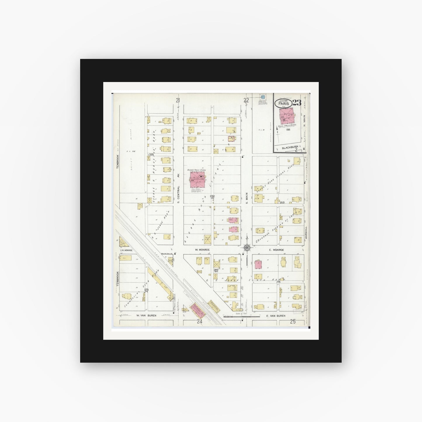 Old map wall art mockup — black gallery frame with white mat — Sanborn Fire Insurance Map from Paris, Edgar County, Illinois (1916), Sheet #0023