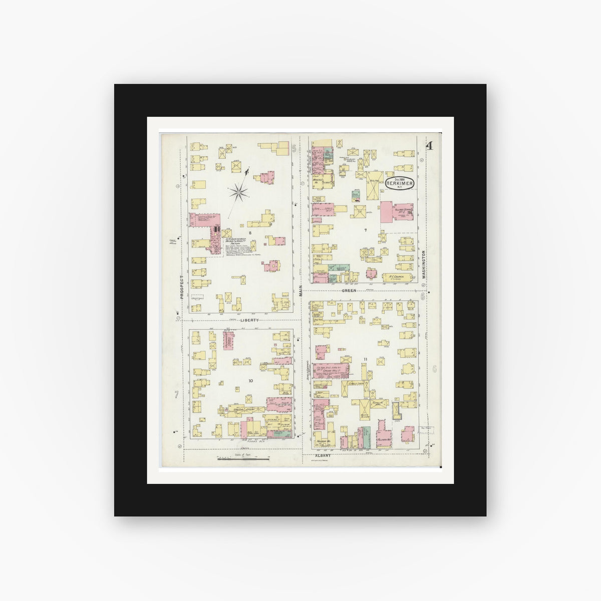 Old map wall art mockup — black gallery frame with white mat — Sanborn Fire Insurance Map from Herkimer, Herkimer County, New York (1895), Sheet #0004
