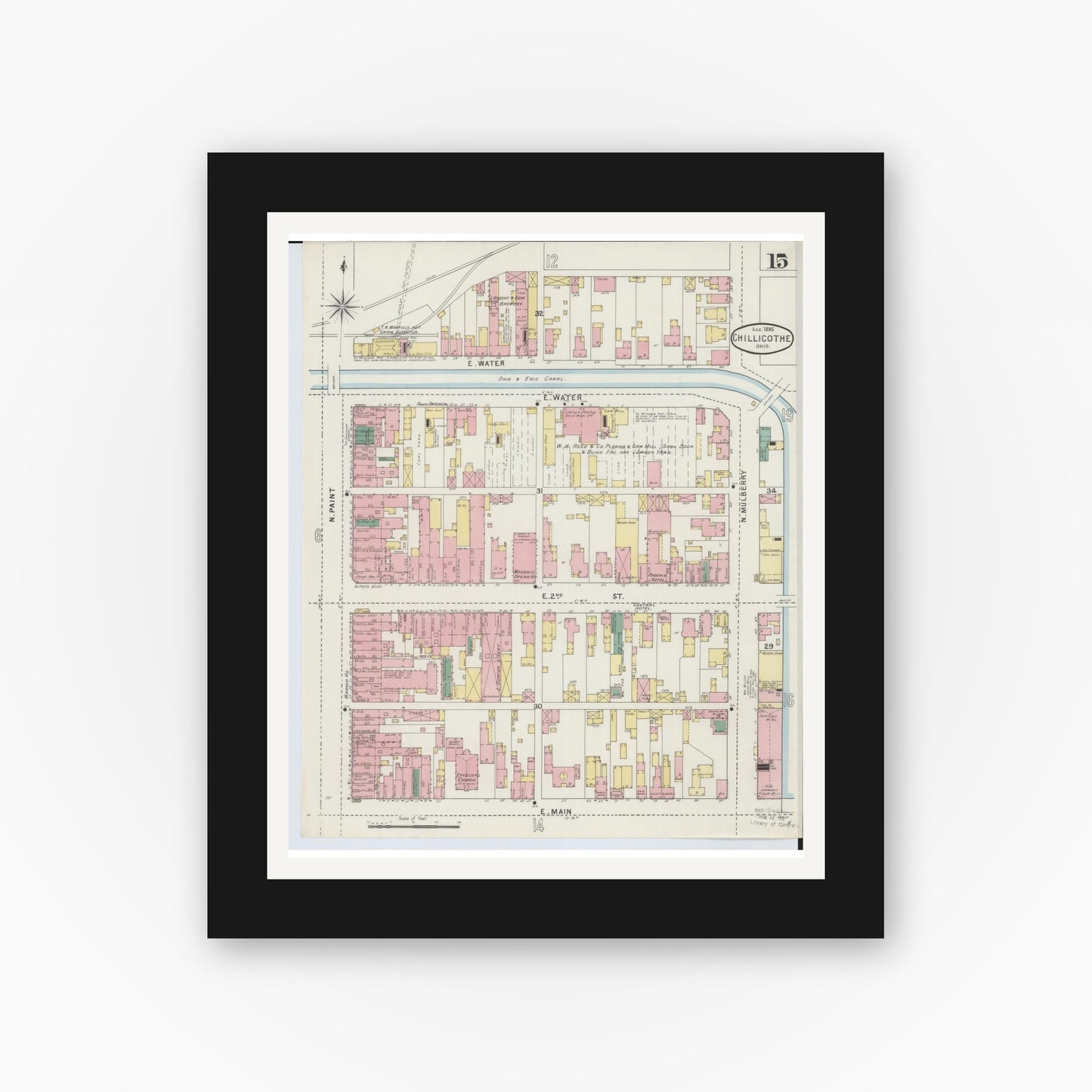 Old map wall art mockup — black gallery frame with white mat — Sanborn Fire Insurance Map from Chillicothe, Ross County, Ohio (1895), Sheet #0015