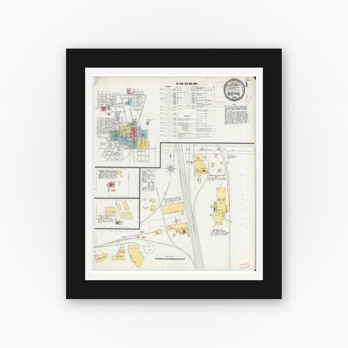 Old map wall art mockup — black gallery frame with white mat — Sanborn Fire Insurance Map from Bedford, Lawrence County, Indiana (1898) - Complete Map Set