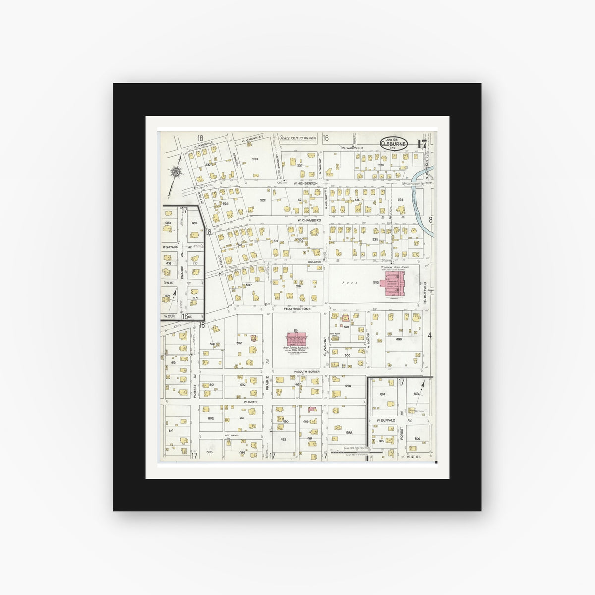 Old map wall art mockup — black gallery frame with white mat — Sanborn Fire Insurance Map from Cleburne, Johnson County, Texas (1918), Sheet #0017