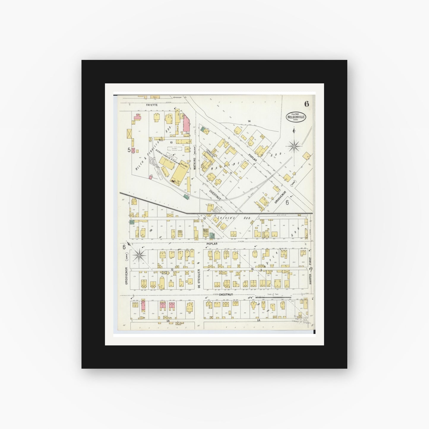 Old map wall art mockup — black gallery frame with white mat — Sanborn Fire Insurance Map from Nelsonville, Athens County, Ohio (1900), Sheet #0006