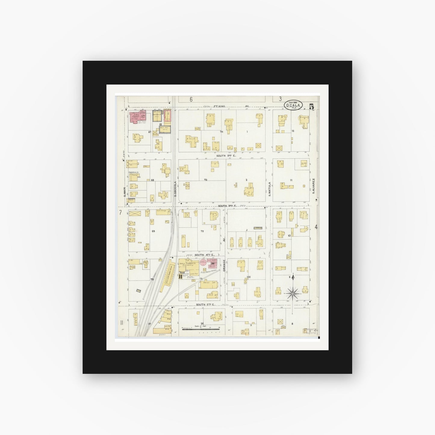 Old map wall art mockup — black gallery frame with white mat — Sanborn Fire Insurance Map from Ocala, Marion County, Florida (1906), Sheet #0005
