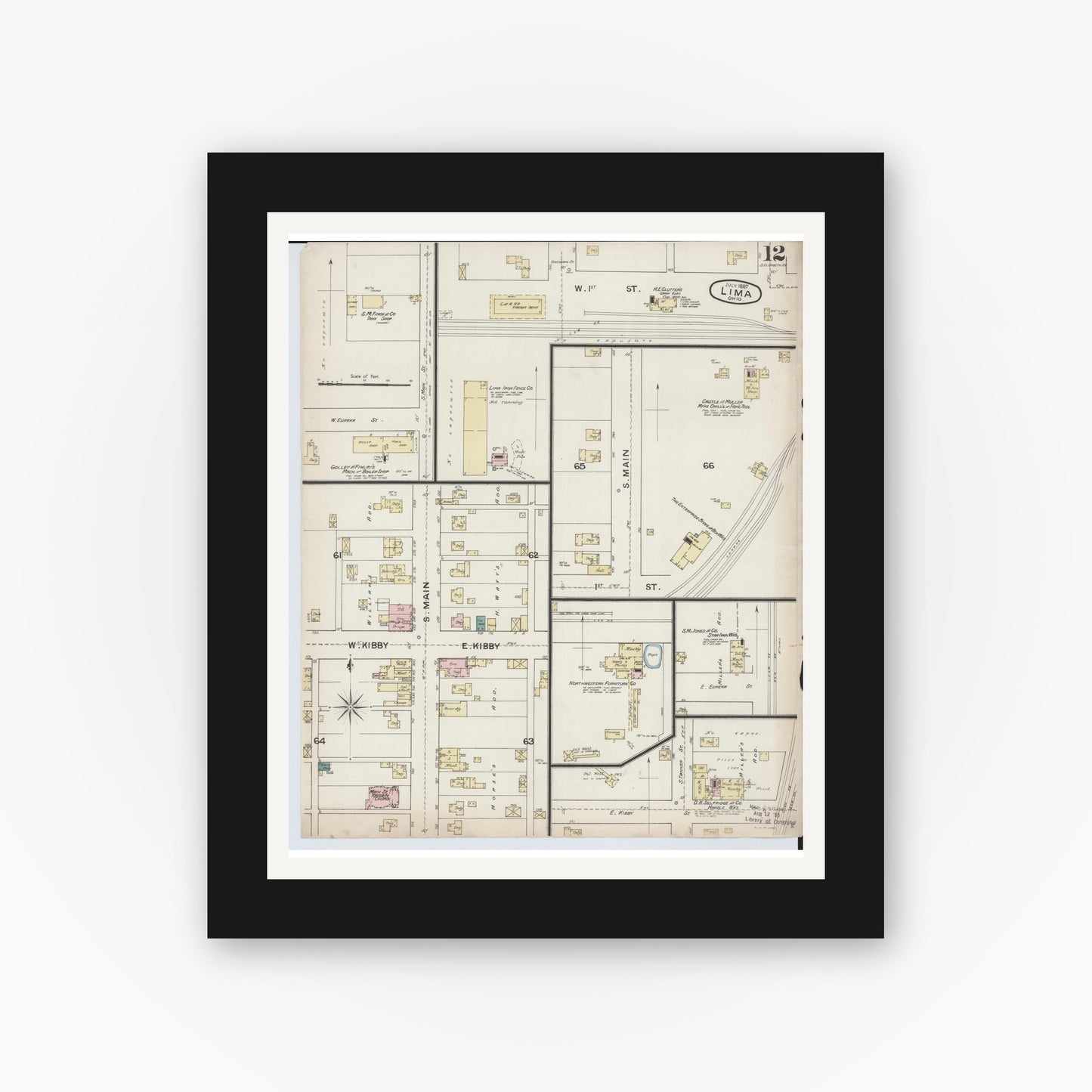 Old map wall art mockup — black gallery frame with white mat — Sanborn Fire Insurance Map from Lima, Allen County, Ohio (1887), Sheet #0012