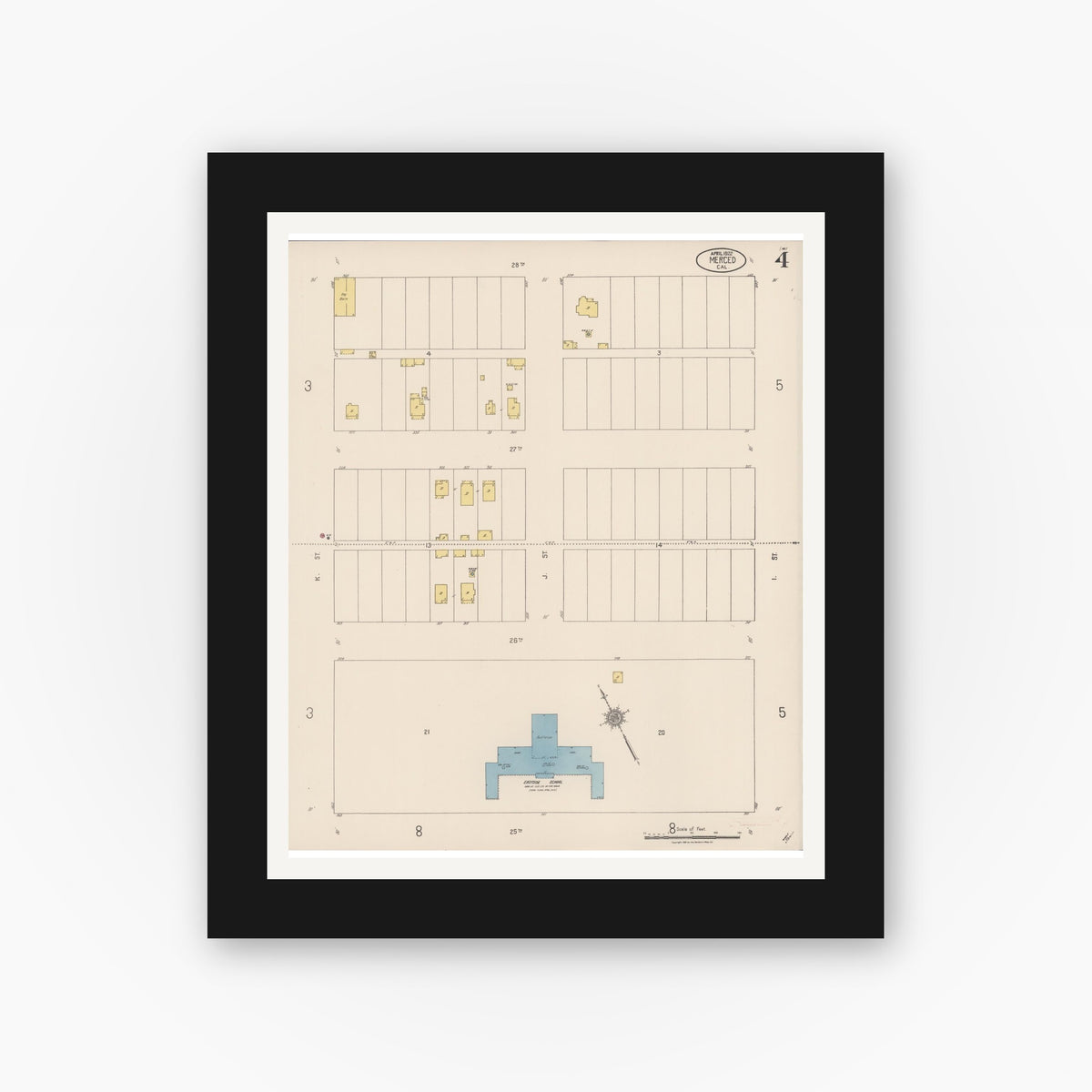 Old map wall art mockup — black gallery frame with white mat — Sanborn Fire Insurance Map from Merced, Merced County, California (1922), Sheet #0004