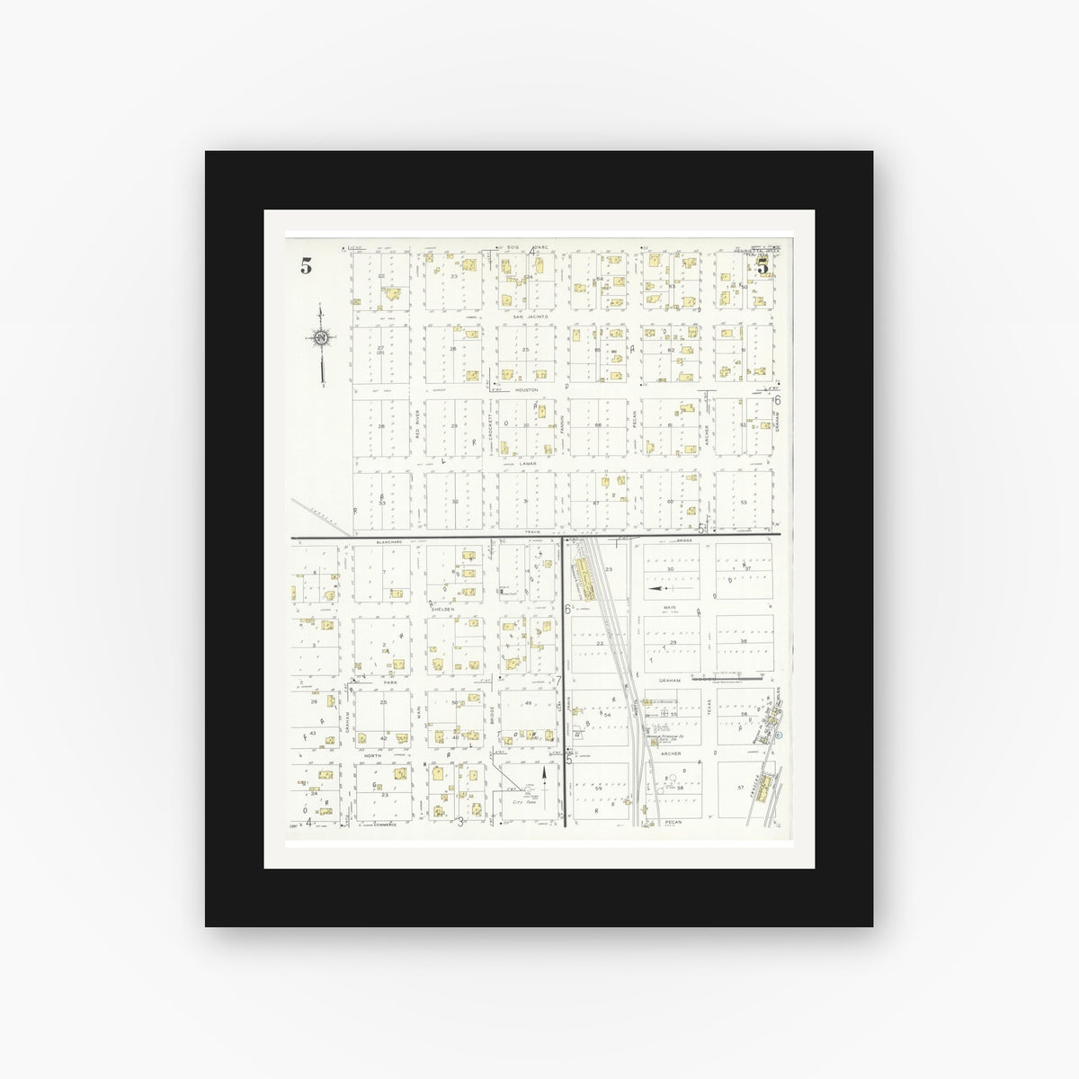 Old map wall art mockup — black gallery frame with white mat — Sanborn Fire Insurance Map from Henrietta, Clay County, Texas (1934), Sheet #0005