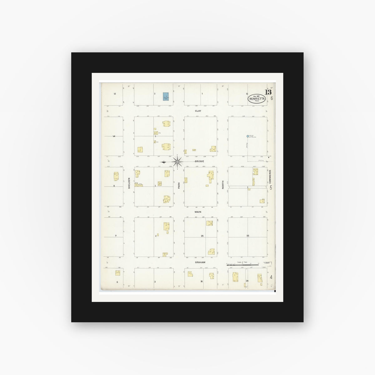 Old map wall art mockup — black gallery frame with white mat — Sanborn Fire Insurance Map from Henrietta, Clay County, Texas (1907), Sheet #0013