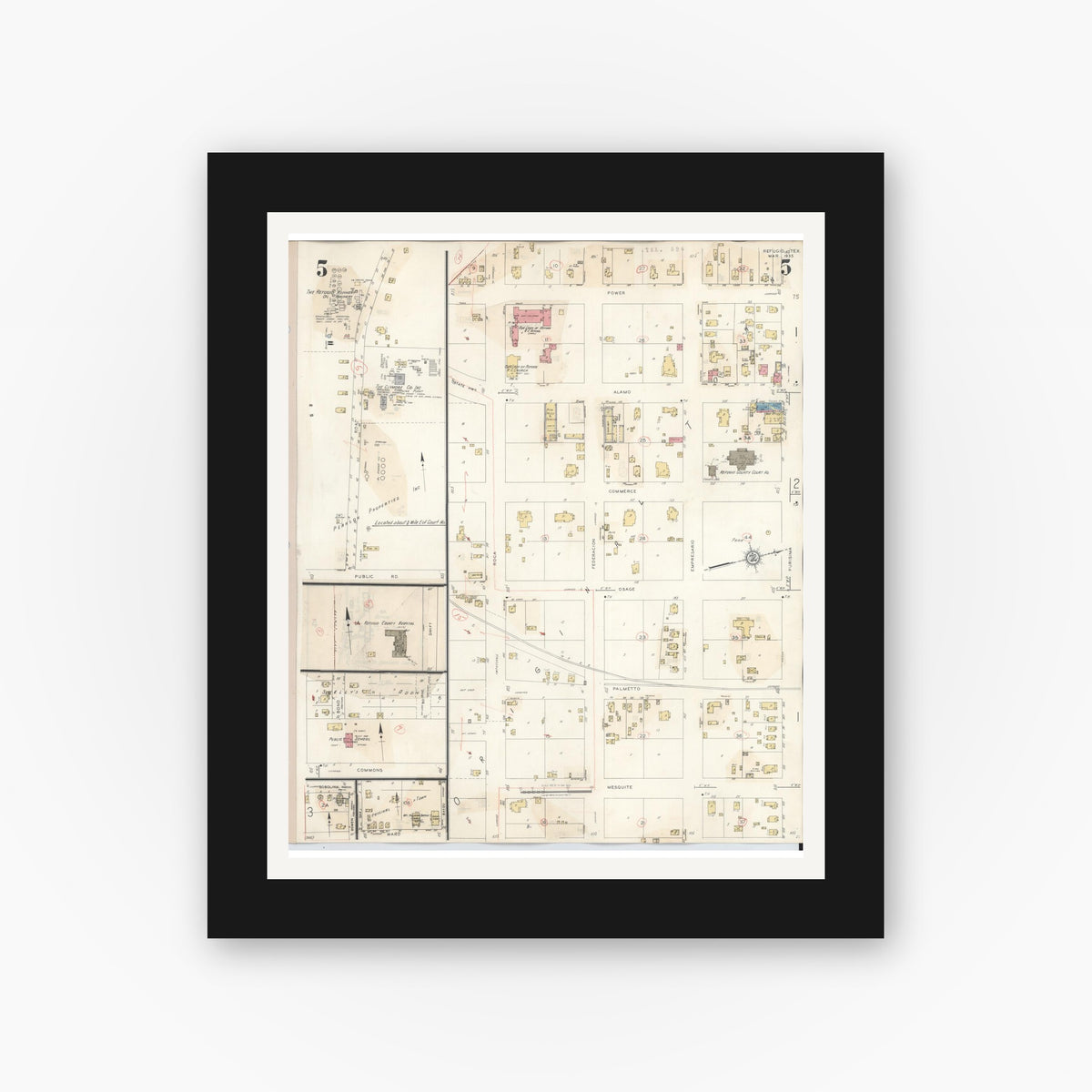 Old map wall art mockup — black gallery frame with white mat — Sanborn Fire Insurance Map from Refugio, Refugio County, Texas (1942), Sheet #0005