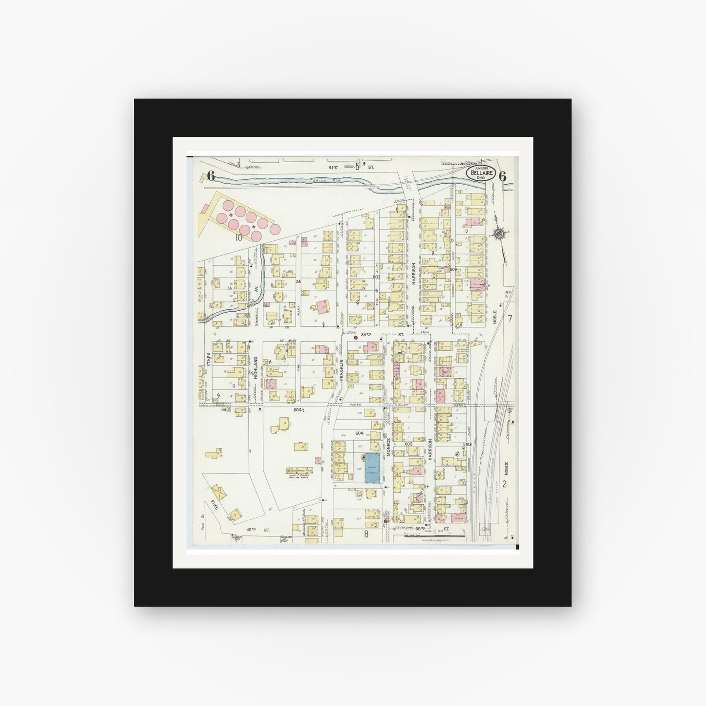 Old map wall art mockup — black gallery frame with white mat — Sanborn Fire Insurance Map from Bellaire, Belmont County, Ohio (1924), Sheet #0006
