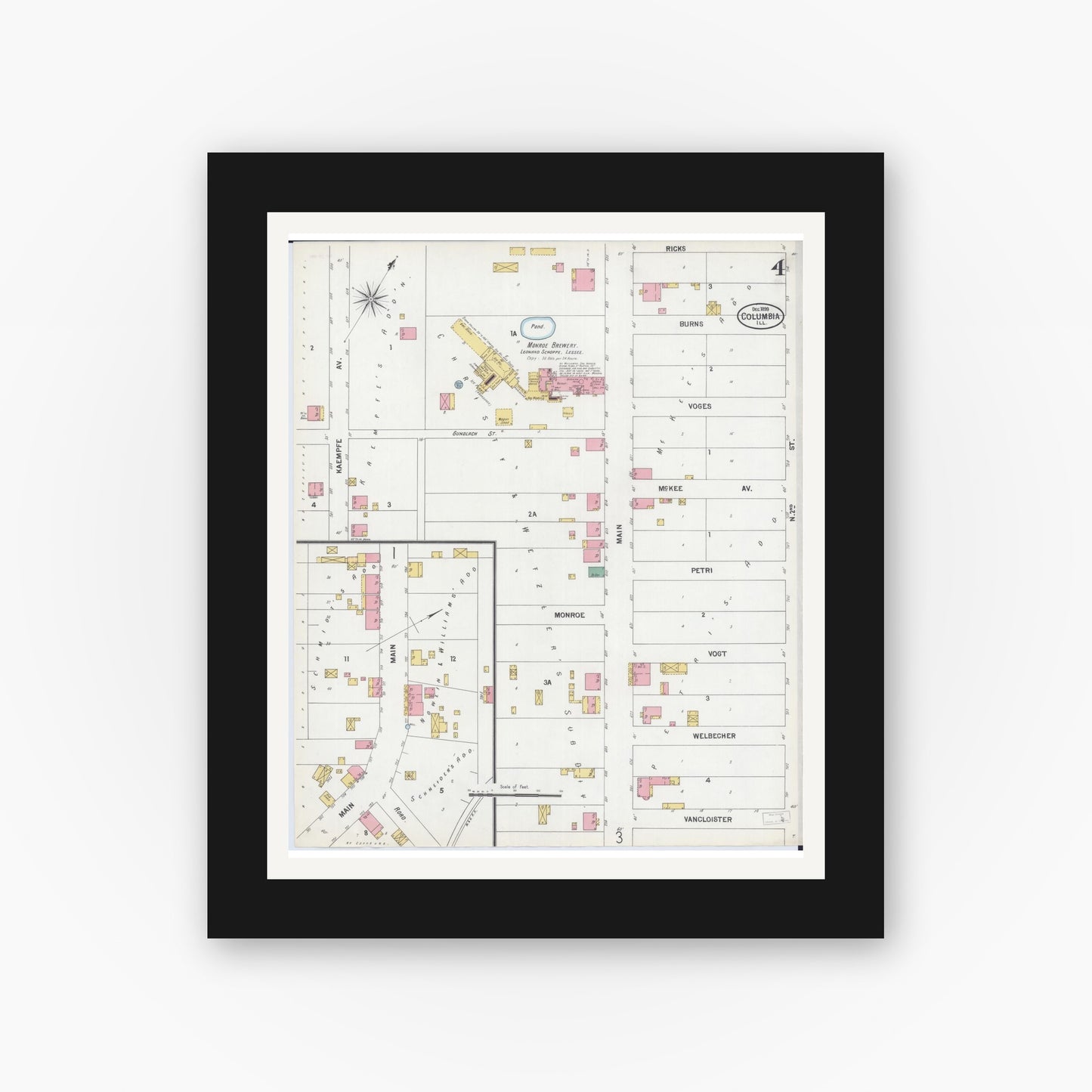 Old map wall art mockup — black gallery frame with white mat — Sanborn Fire Insurance Map from Columbia, Monroe County, Illinois (1899), Sheet #0004
