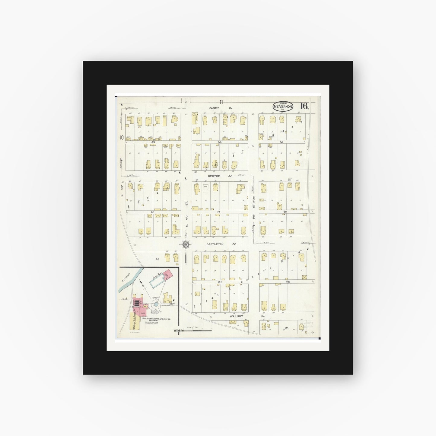 Old map wall art mockup — black gallery frame with white mat — Sanborn Fire Insurance Map from Mount Vernon, Jefferson County, Illinois (1913), Sheet #0016