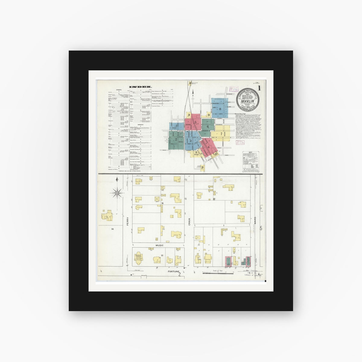 Old map wall art mockup — black gallery frame with white mat — Sanborn Fire Insurance Map from Marlin, Falls County, Texas (1909) - Complete Map Set