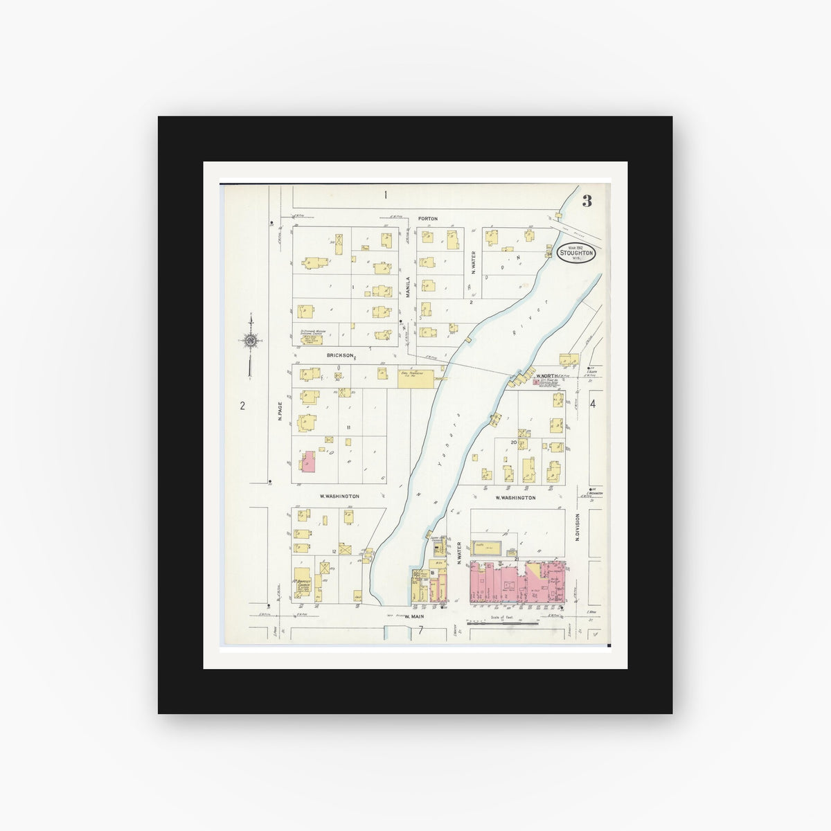 Old map wall art mockup — black gallery frame with white mat — Sanborn Fire Insurance Map from Stoughton, Dane County, Wisconsin (1912), Sheet #0003