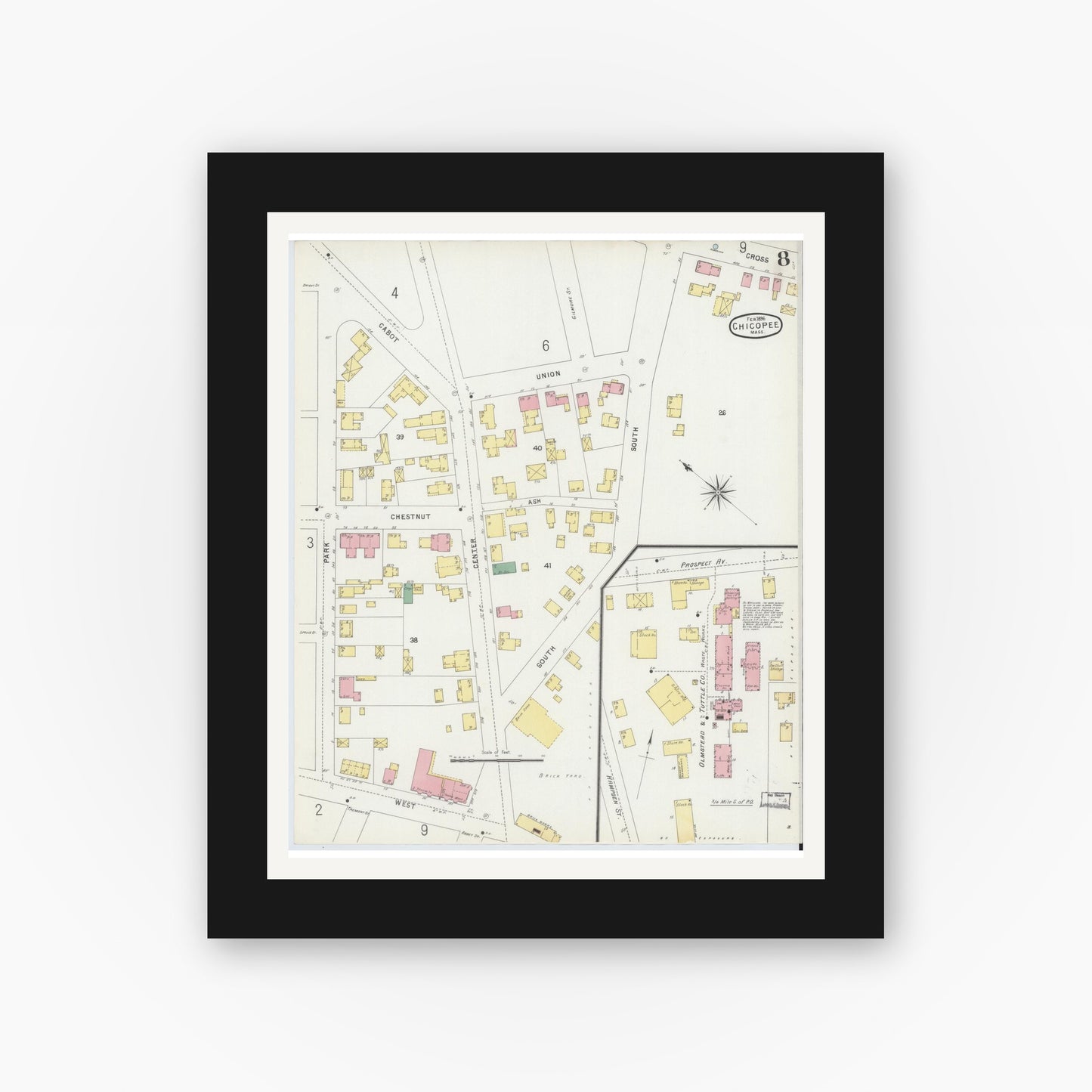 Old map wall art mockup — black gallery frame with white mat — Sanborn Fire Insurance Map from Chicopee, Hampden County, Massachusetts (1896), Sheet #0008