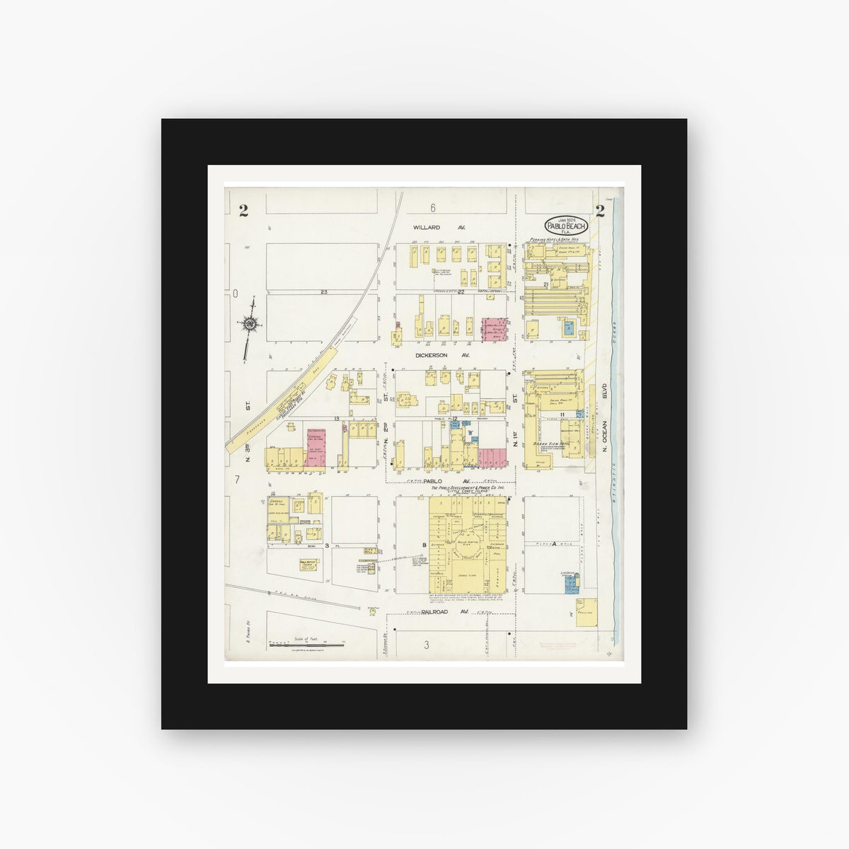 Old map wall art mockup — black gallery frame with white mat — Sanborn Fire Insurance Map from Pablo Beach, Duval County, Florida (1924), Sheet #0002