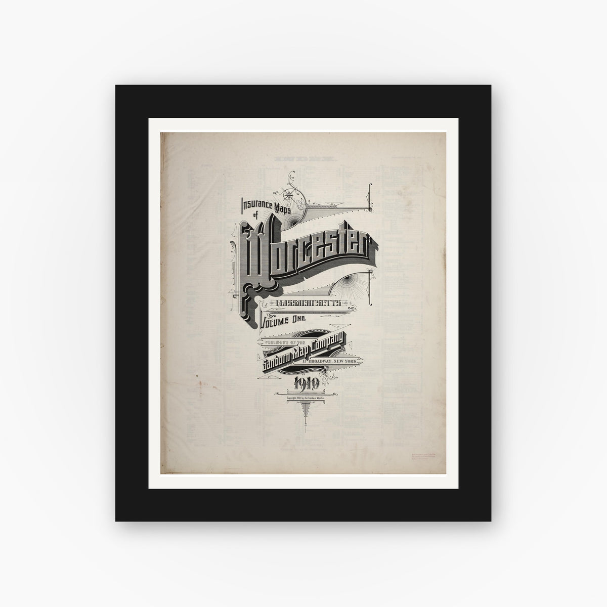Old map wall art mockup — black gallery frame with white mat — Sanborn Fire Insurance Map from Worcester, Worcester County, Massachusetts (1910), Sheet #0001
