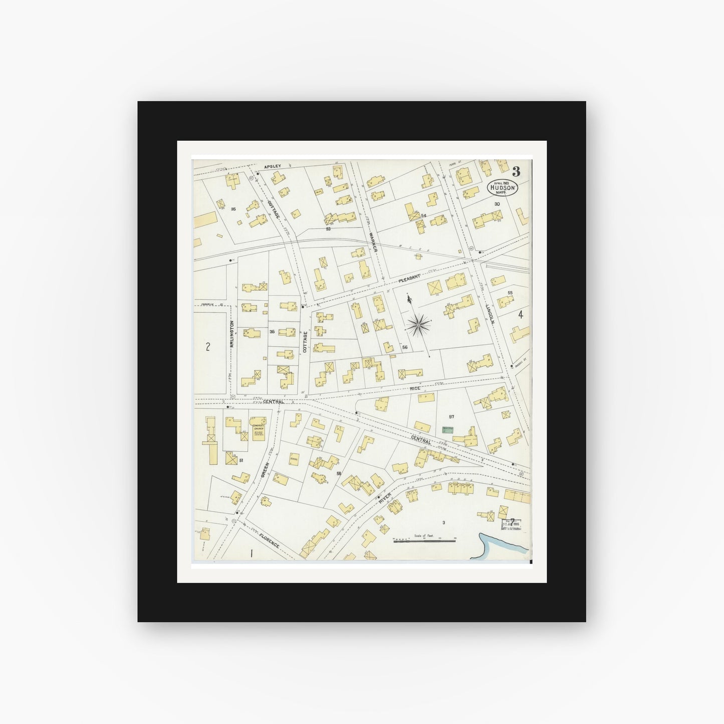 Old map wall art mockup — black gallery frame with white mat — Sanborn Fire Insurance Map from Hudson, Middlesex County, Massachusetts (1903), Sheet #0003