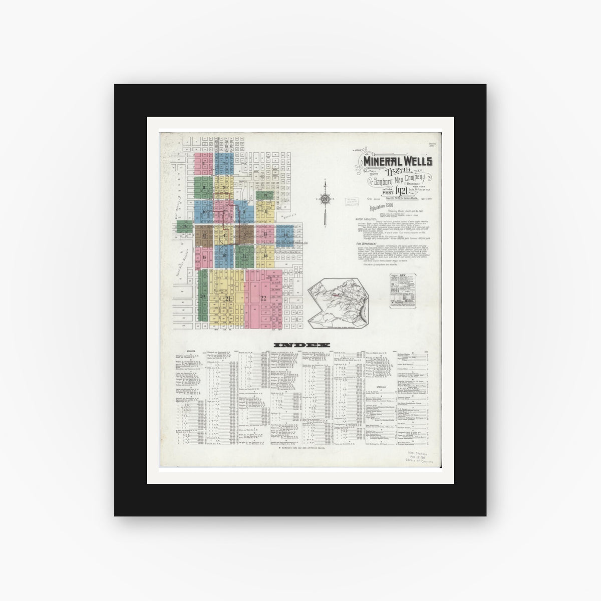 Old map wall art mockup — black gallery frame with white mat — Sanborn Fire Insurance Map from Mineral Wells, Palo Pinto County, Texas (1921), Sheet #0001