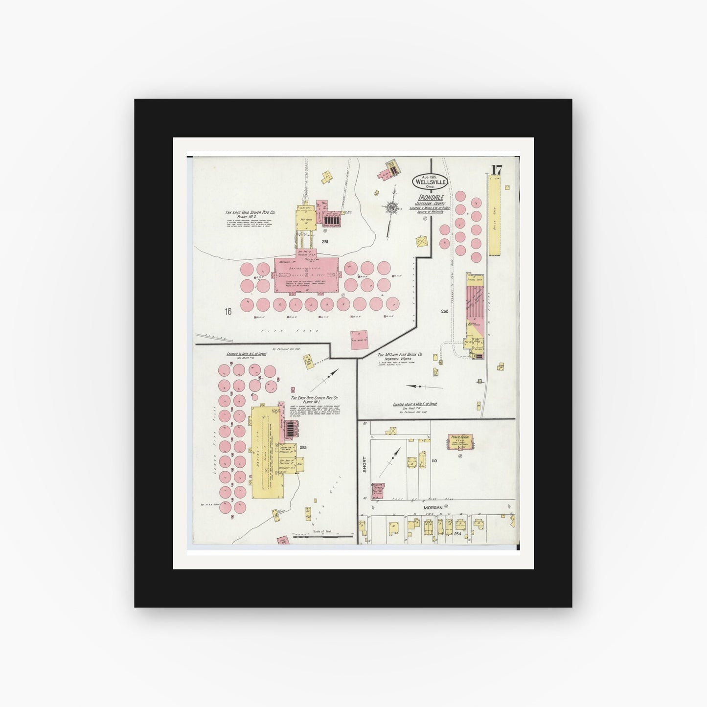 Old map wall art mockup — black gallery frame with white mat — Sanborn Fire Insurance Map from Wellsville, Columbiana County, Ohio (1915), Sheet #0017