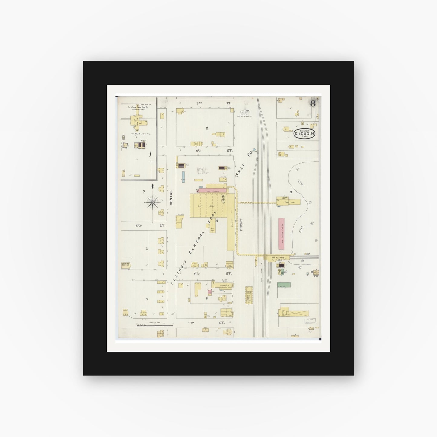 Old map wall art mockup — black gallery frame with white mat — Sanborn Fire Insurance Map from Du Quoin, Perry County, Illinois (1894), Sheet #0008