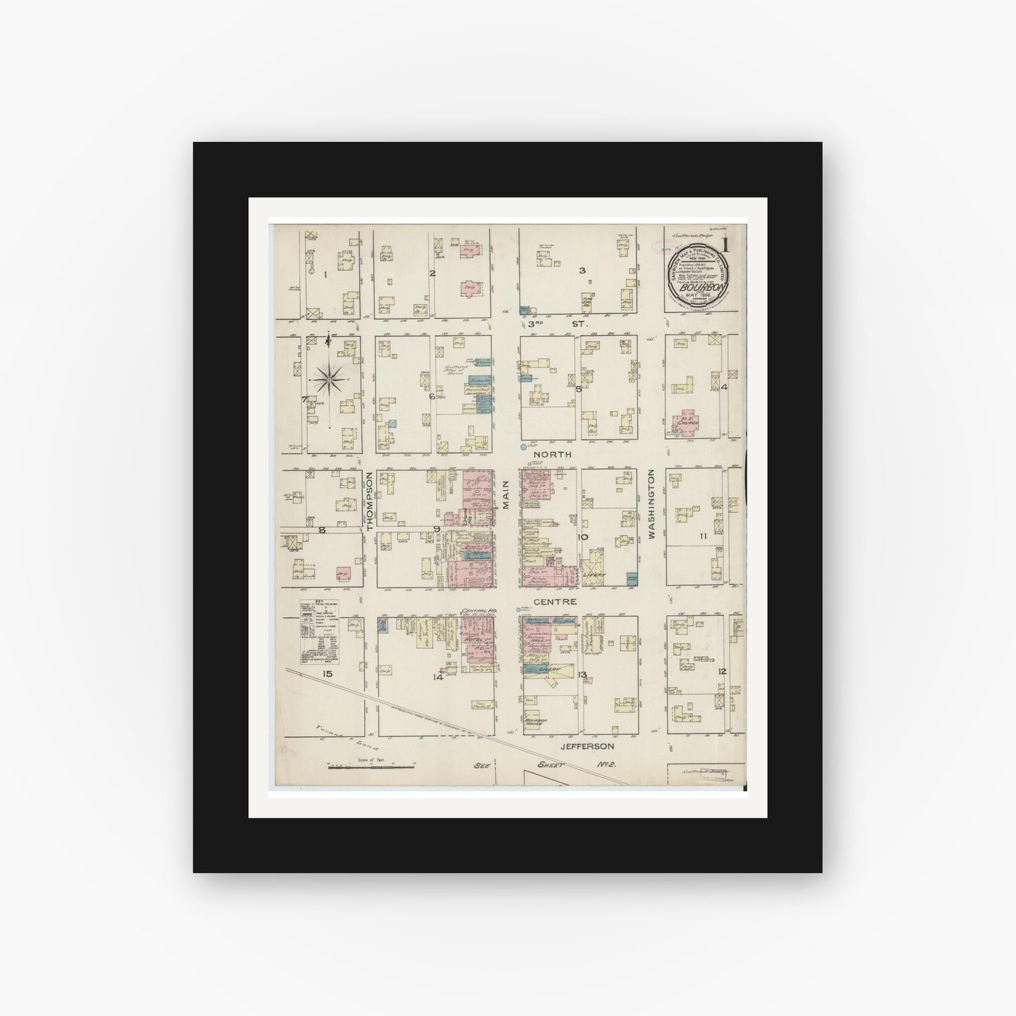 Old map wall art mockup — black gallery frame with white mat — Sanborn Fire Insurance Map from Bourbon, Marshall County, Indiana (1886) - Complete Map Set