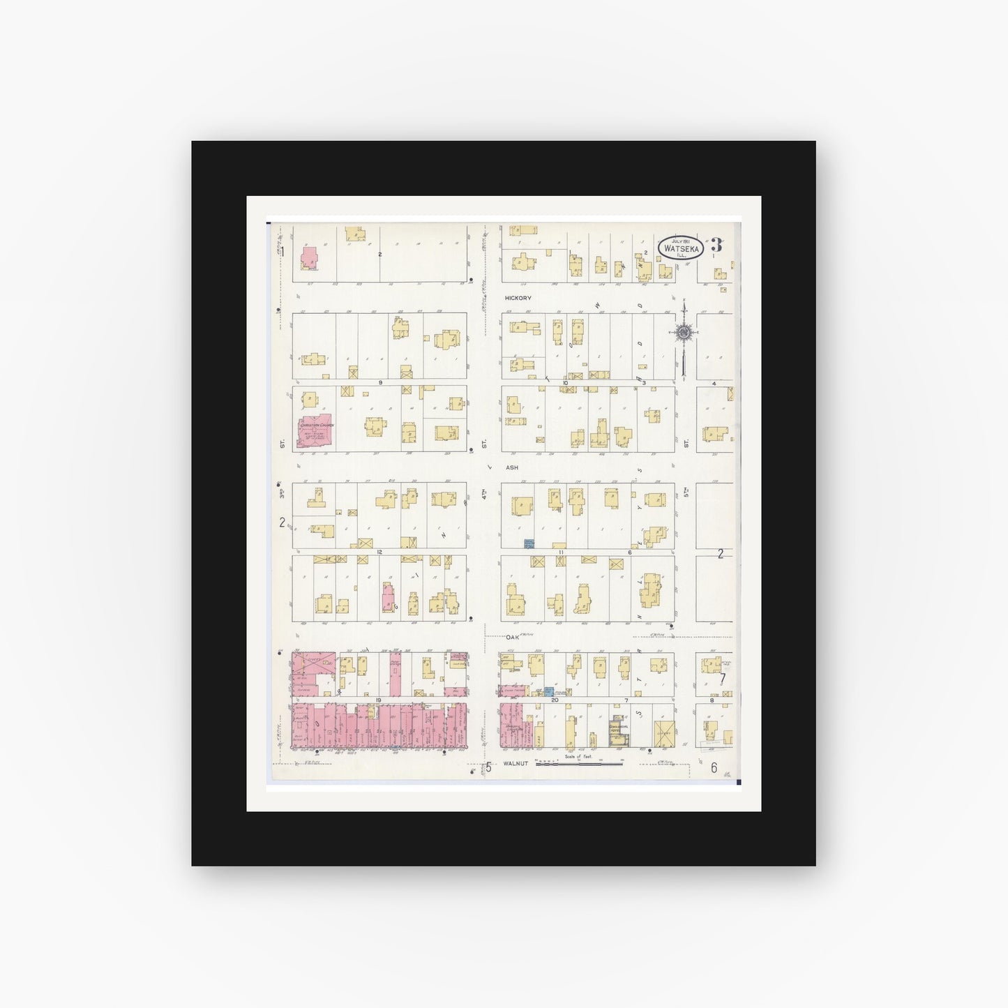 Old map wall art mockup — black gallery frame with white mat — Sanborn Fire Insurance Map from Watseka, Iroquois County, Illinois (1911), Sheet #0003