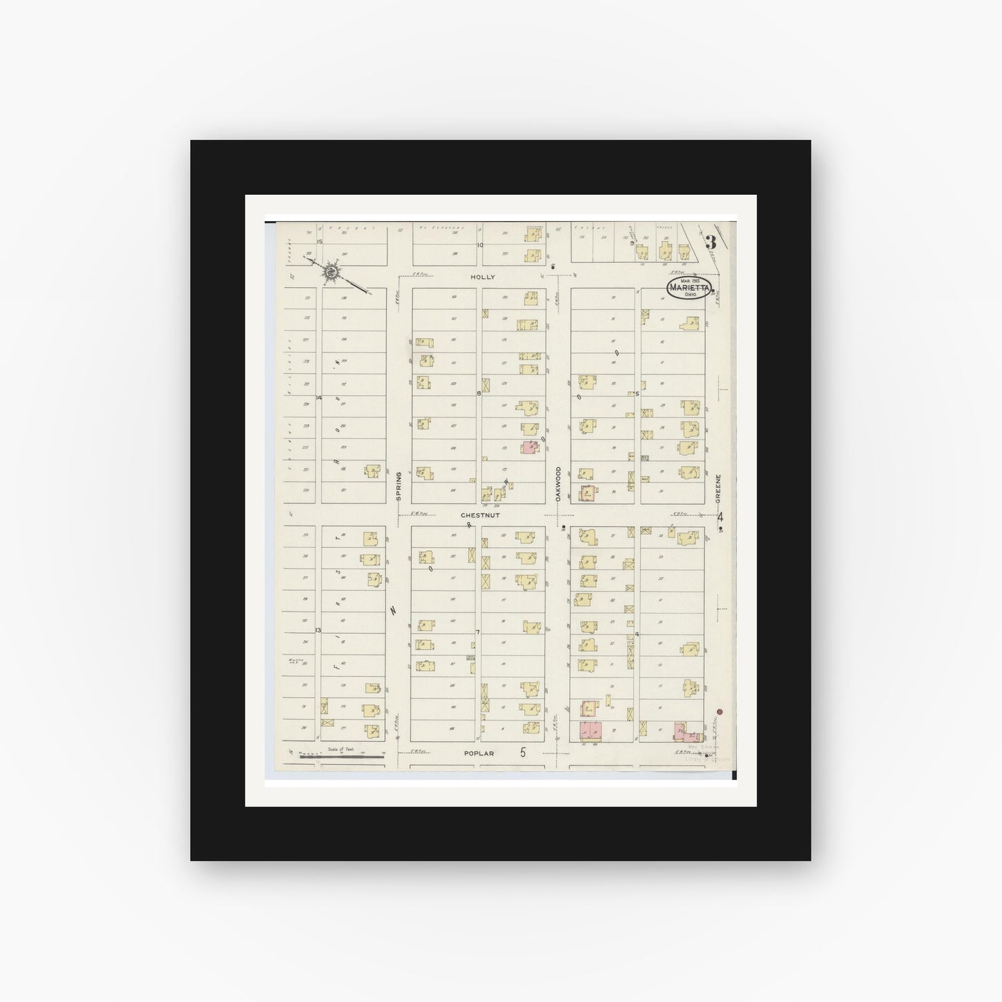 Old map wall art mockup — black gallery frame with white mat — Sanborn Fire Insurance Map from Marietta, Washington County, Ohio (1915), Sheet #0003