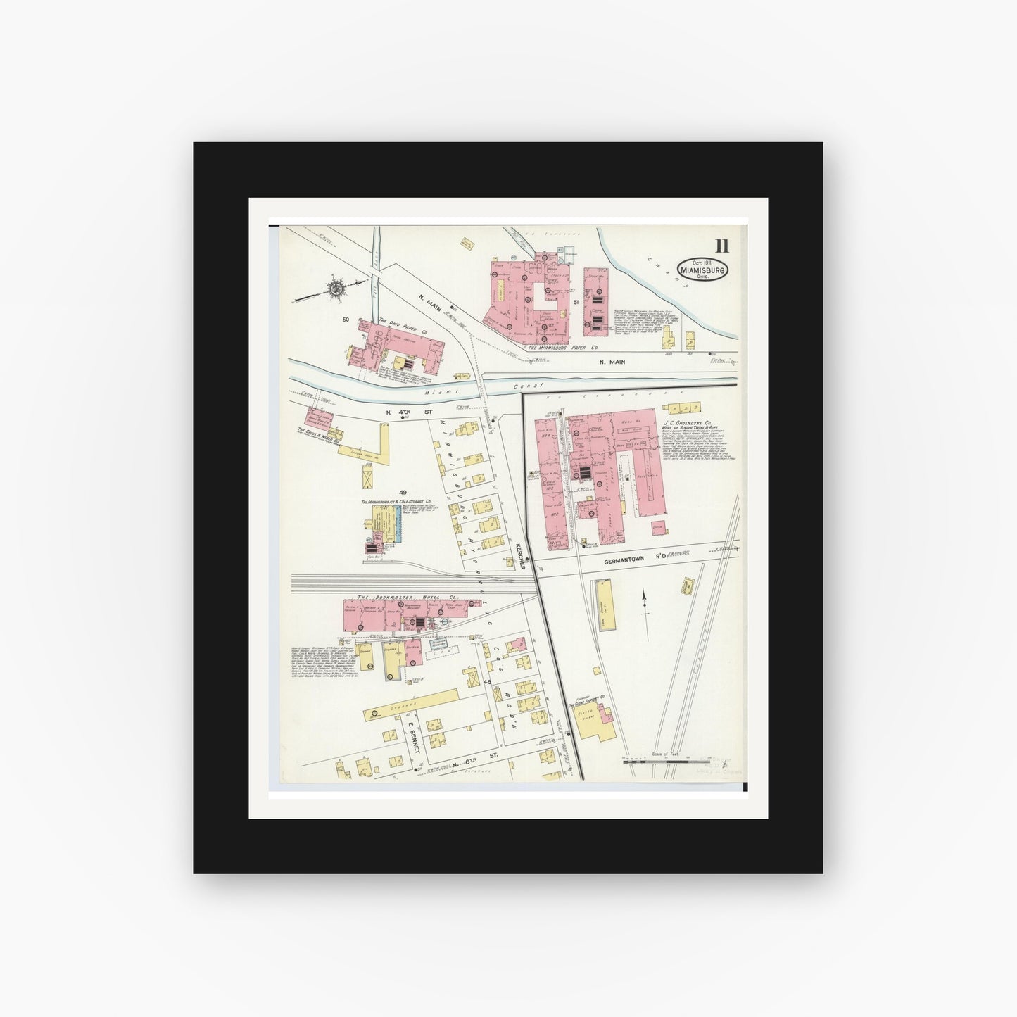 Old map wall art mockup — black gallery frame with white mat — Sanborn Fire Insurance Map from Miamisburg, Montgomery County, Ohio (1911), Sheet #0011