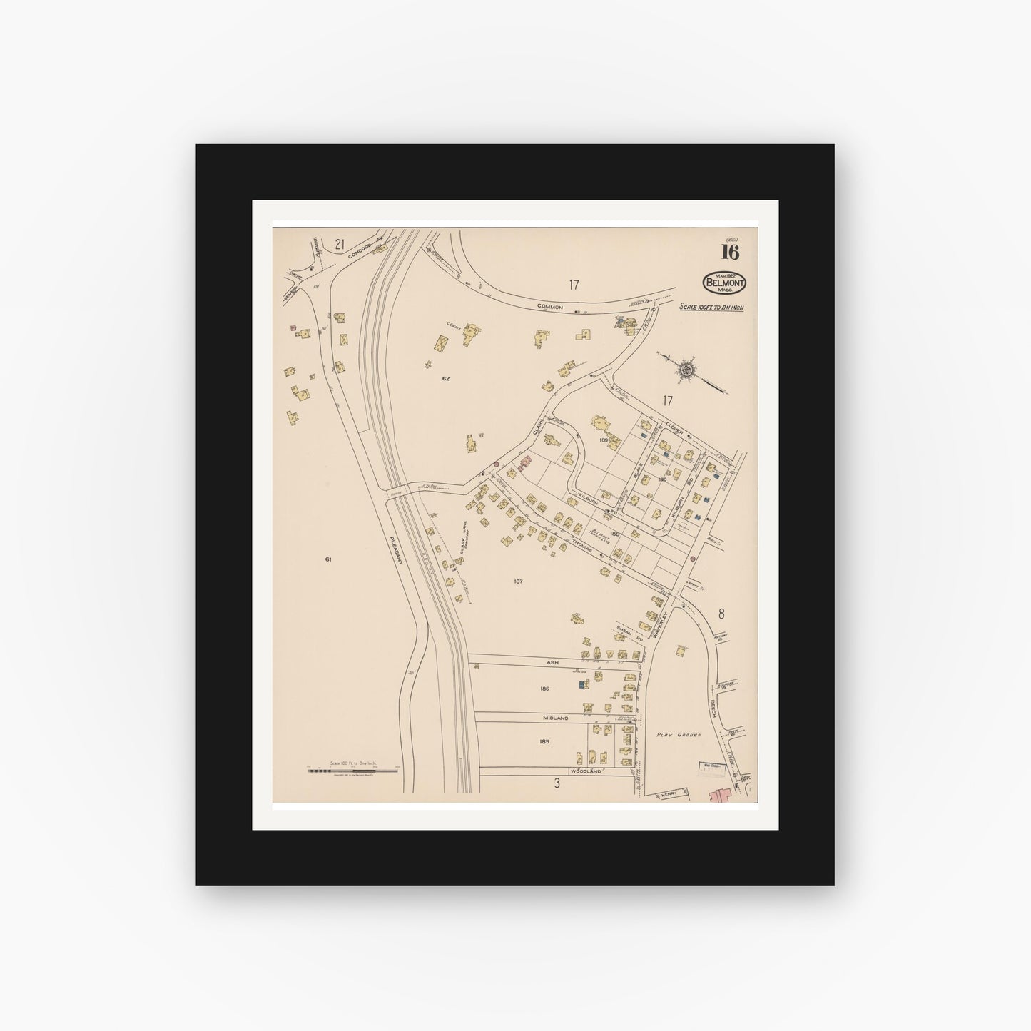 Old map wall art mockup — black gallery frame with white mat — Sanborn Fire Insurance Map from Belmont, Middlesex County, Massachusetts (1922), Sheet #0016