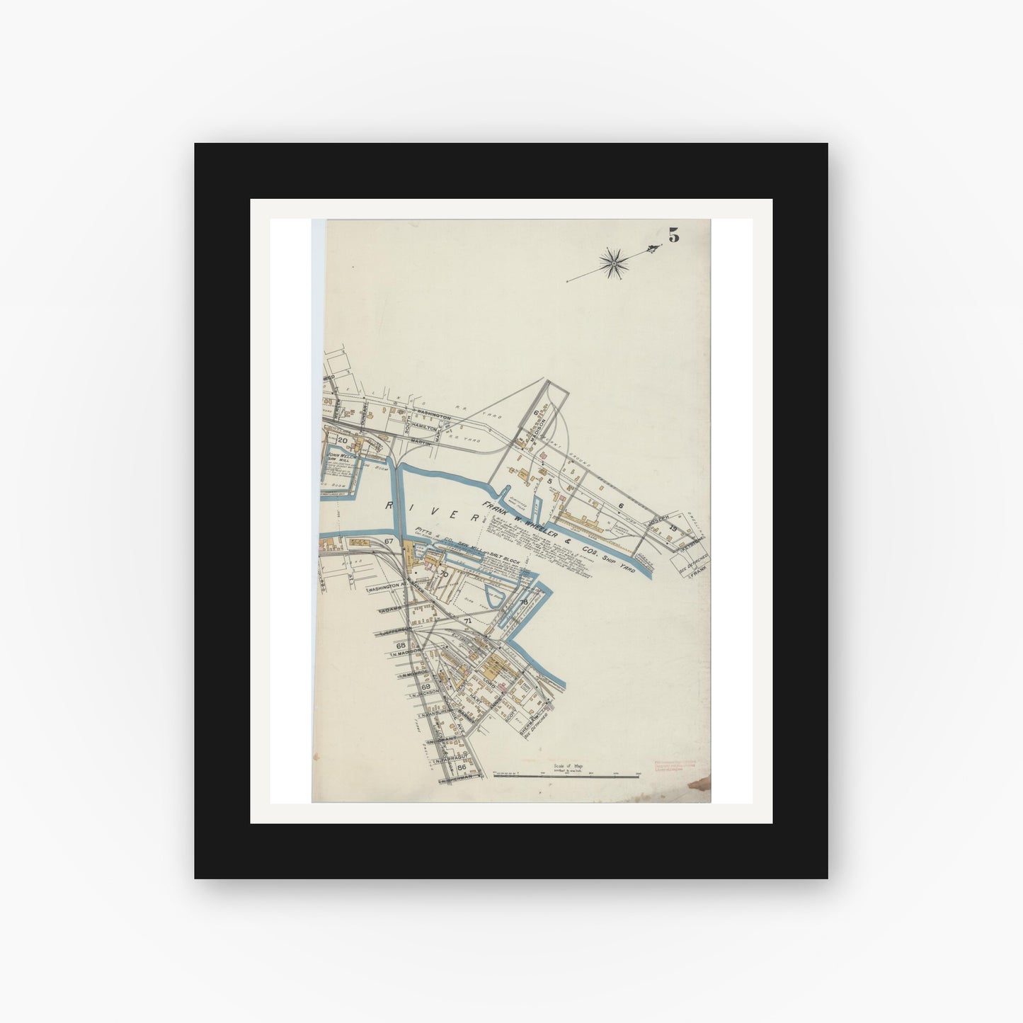 Old map wall art mockup — black gallery frame with white mat — Sanborn Fire Insurance Map from Bay City, Bay County, Michigan (1895), Sheet #0005