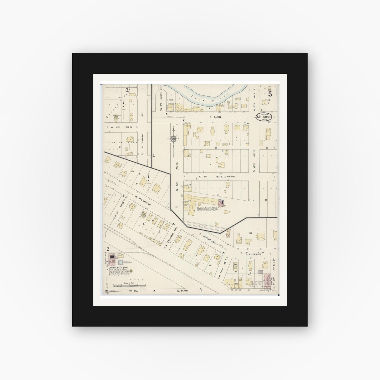 Old map wall art mockup — black gallery frame with white mat — Sanborn Fire Insurance Map from Melrose, Stearns County, Minnesota (1914), Sheet #0005