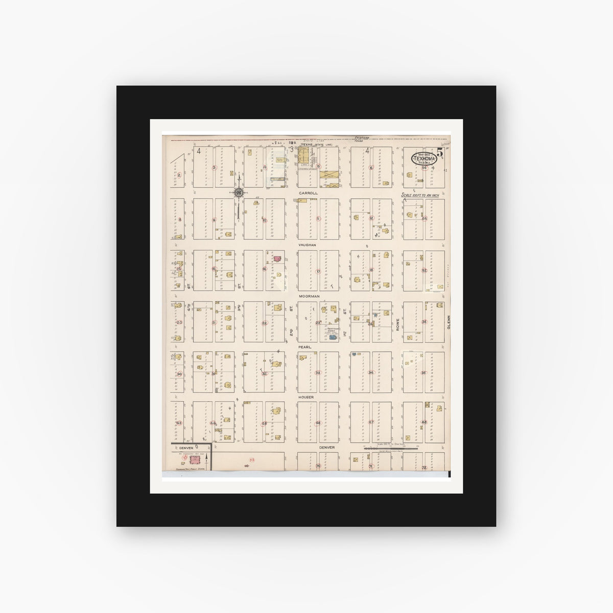 Old map wall art mockup — black gallery frame with white mat — Sanborn Fire Insurance Map from Texhoma, Texas County, Oklahoma and Sherman County, Texas, Texas (1930), Sheet #0005