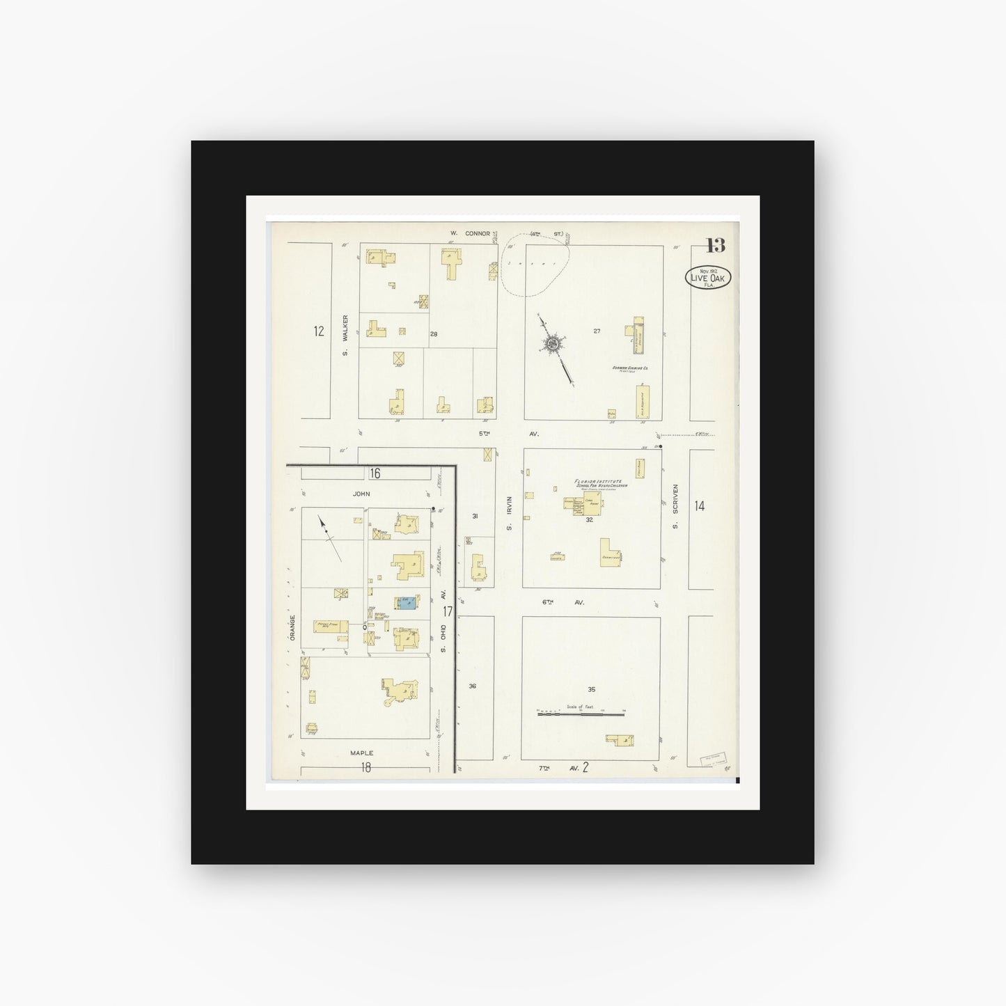 Old map wall art mockup — black gallery frame with white mat — Sanborn Fire Insurance Map from Live Oak, Suwanee County, Florida (1912), Sheet #0013
