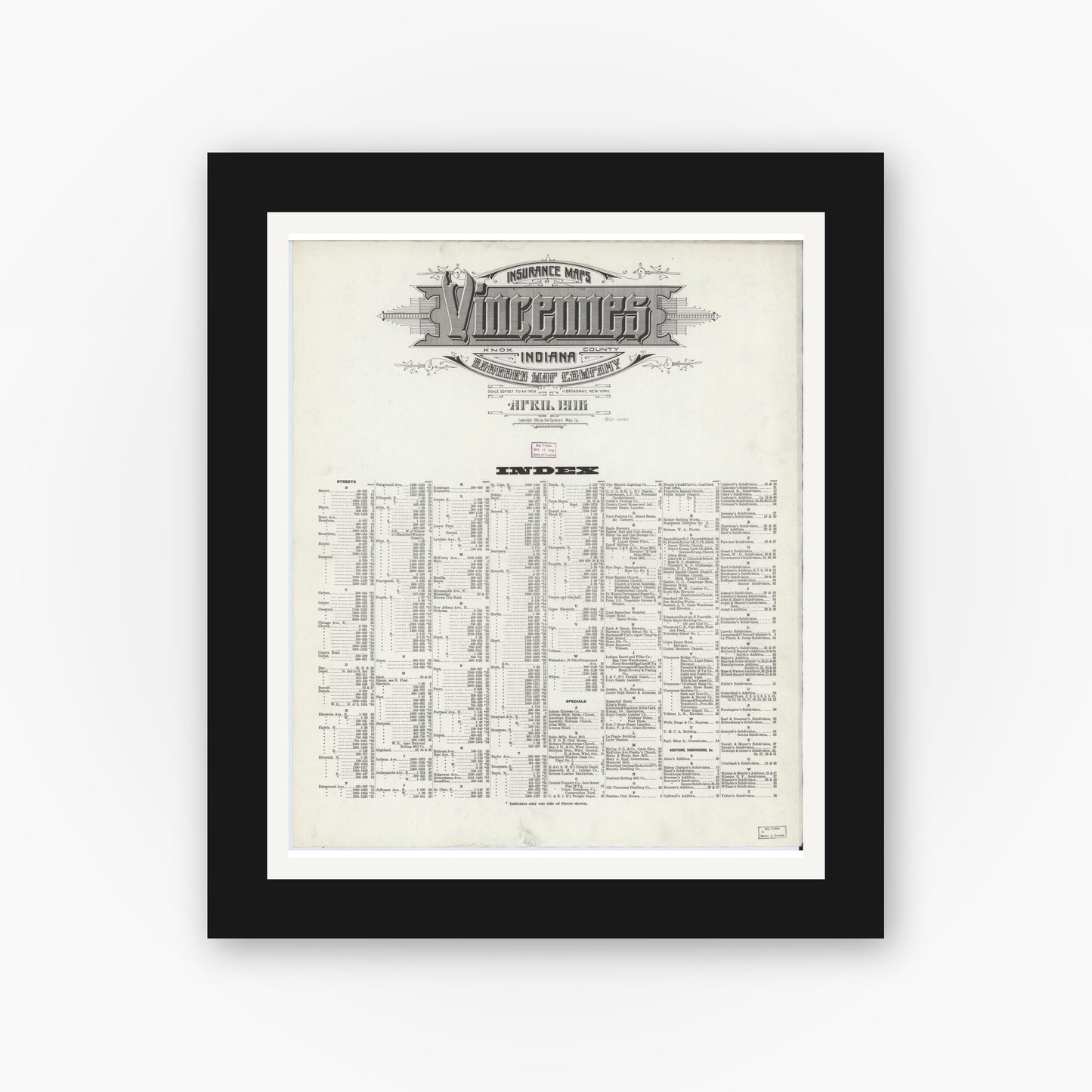 Old map wall art mockup — black gallery frame with white mat — Sanborn Fire Insurance Map from Vincennes, Knox County, Indiana (1916), Sheet #0001