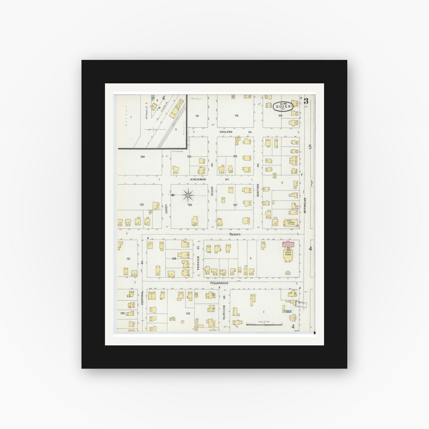 Old map wall art mockup — black gallery frame with white mat — Sanborn Fire Insurance Map from Dover, Morris County, New Jersey (1896), Sheet #0003