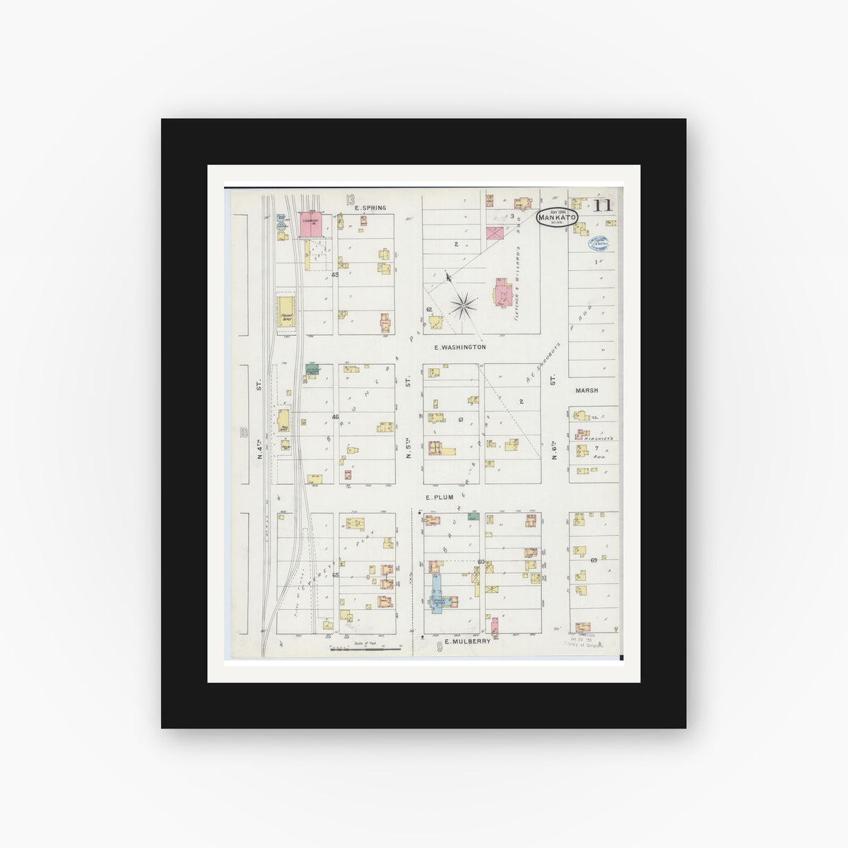 Old map wall art mockup — black gallery frame with white mat — Sanborn Fire Insurance Map from Mankato, Blue Earth County, Minnesota (1894), Sheet #0011