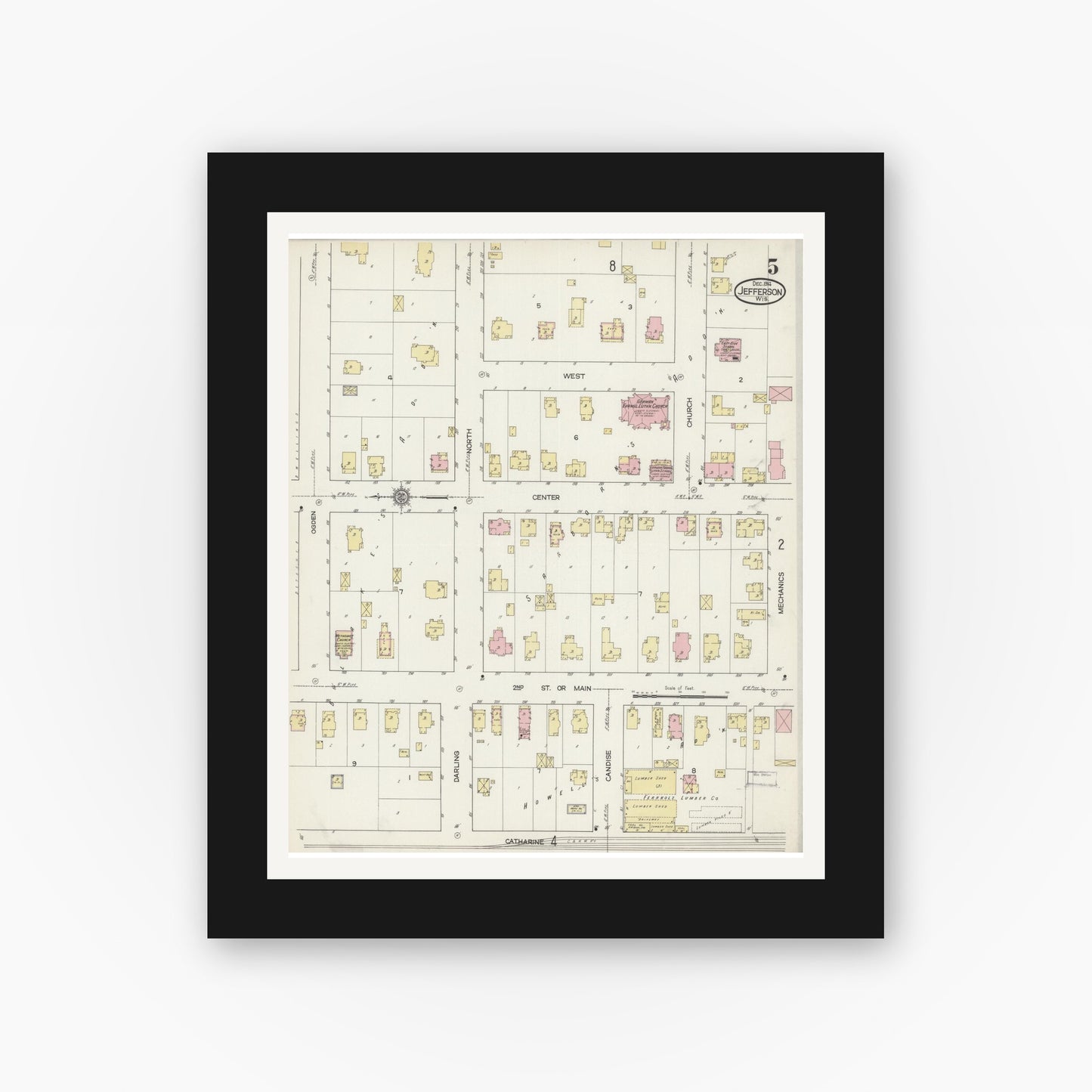 Old map wall art mockup — black gallery frame with white mat — Sanborn Fire Insurance Map from Jefferson, Jefferson County, Wisconsin (1914), Sheet #0005