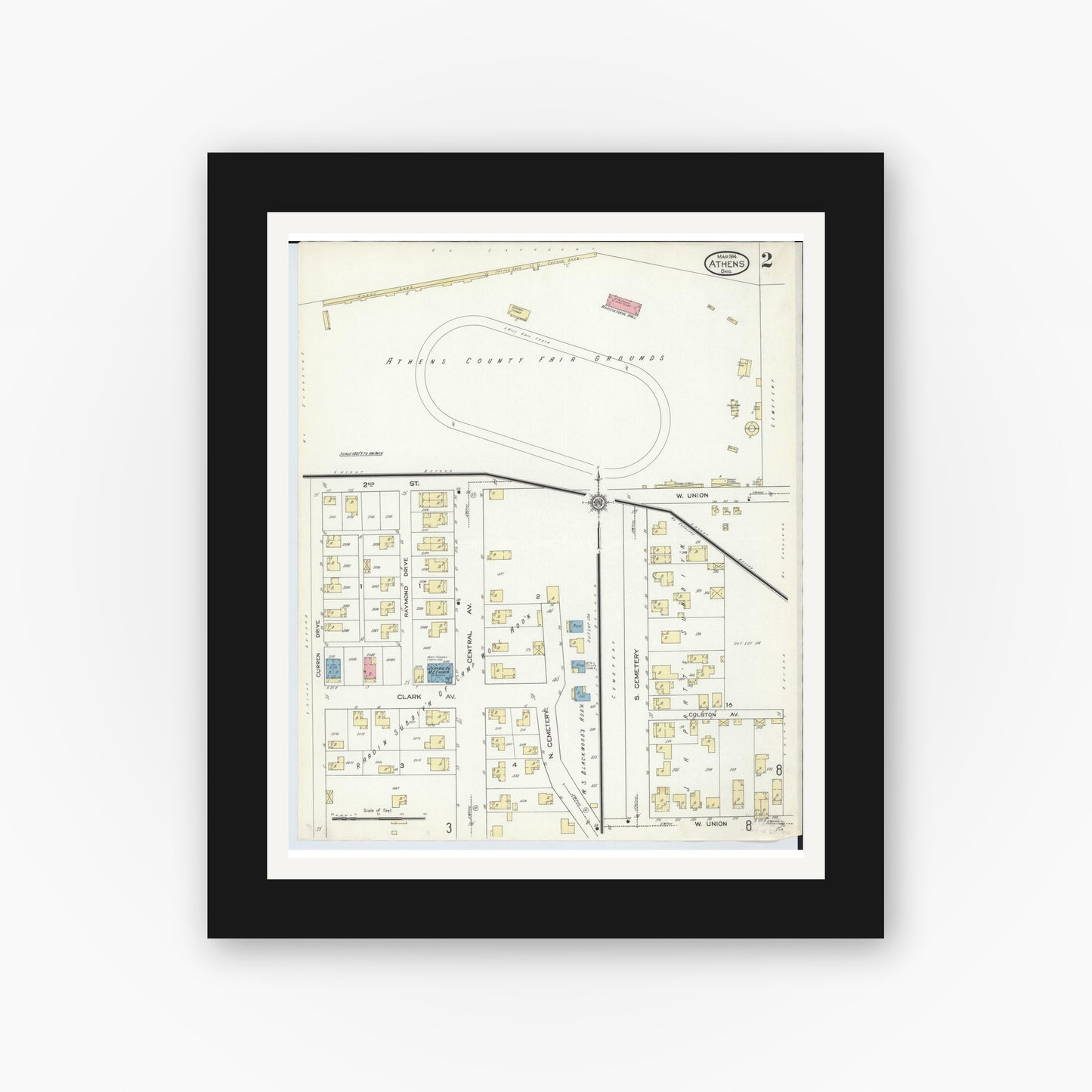 Old map wall art mockup — black gallery frame with white mat — Sanborn Fire Insurance Map from Athens, Athens County, Ohio (1914), Sheet #0002