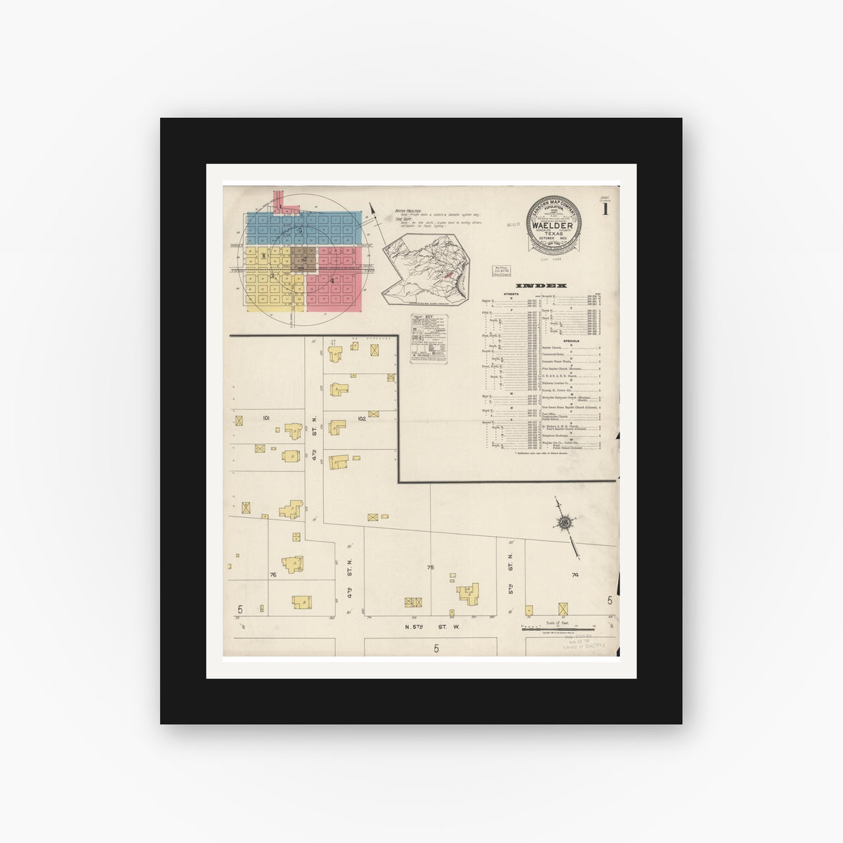 Old map wall art mockup — black gallery frame with white mat — Sanborn Fire Insurance Map from Waelder, Gonzales County, Texas (1922), Sheet #0001