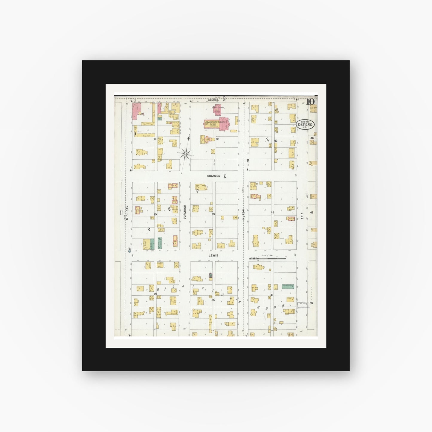 Old map wall art mockup — black gallery frame with white mat — Sanborn Fire Insurance Map from De Pere, Brown County, Wisconsin (1900), Sheet #0010