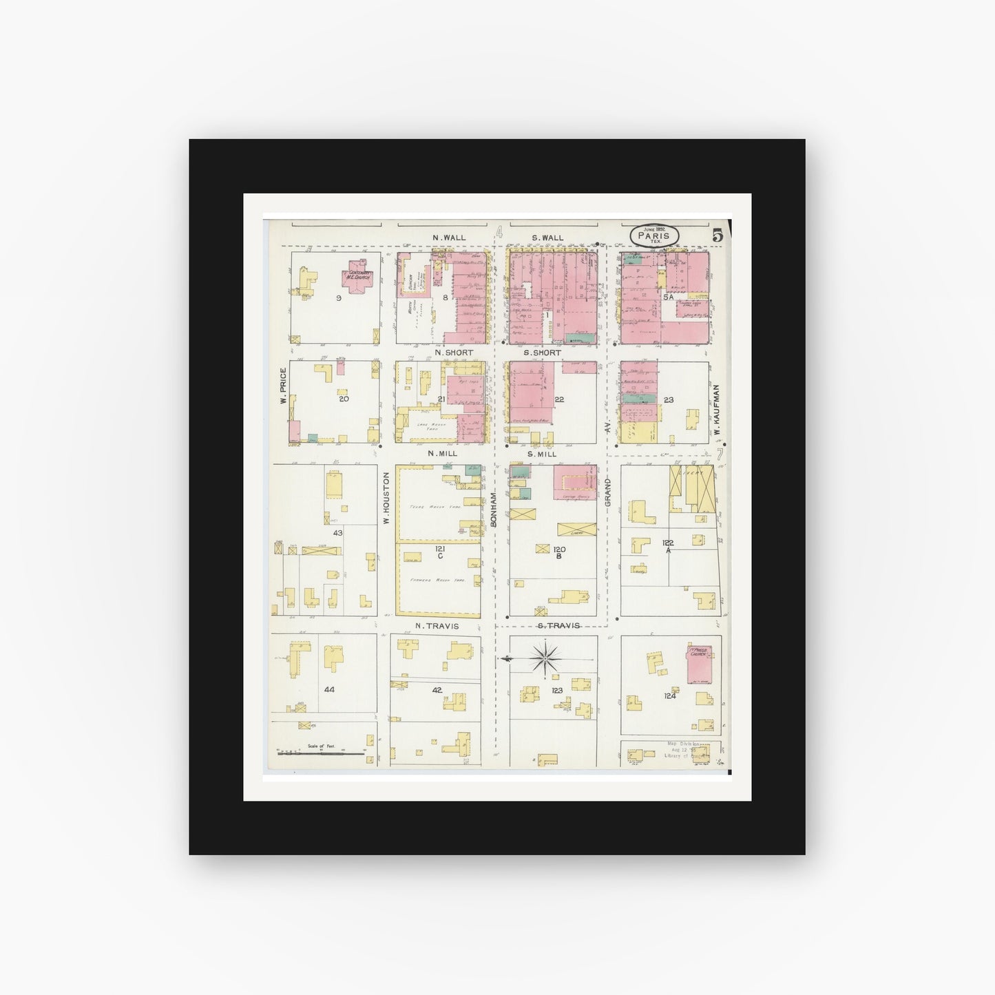 Old map wall art mockup — black gallery frame with white mat — Sanborn Fire Insurance Map from Paris, Lamar County, Texas (1892), Sheet #0005