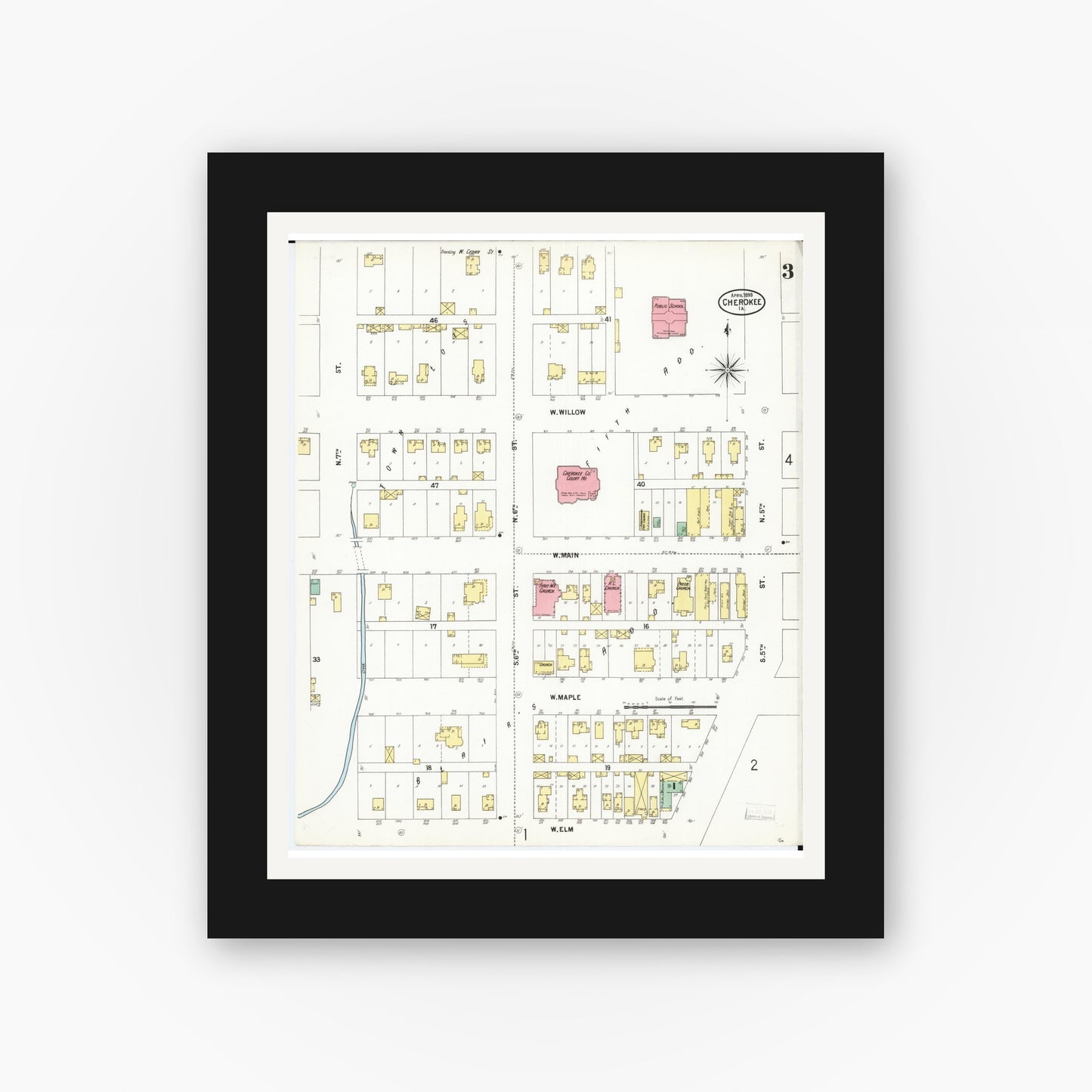 Old map wall art mockup — black gallery frame with white mat — Sanborn Fire Insurance Map from Cherokee, Cherokee County, Iowa (1899), Sheet #0003