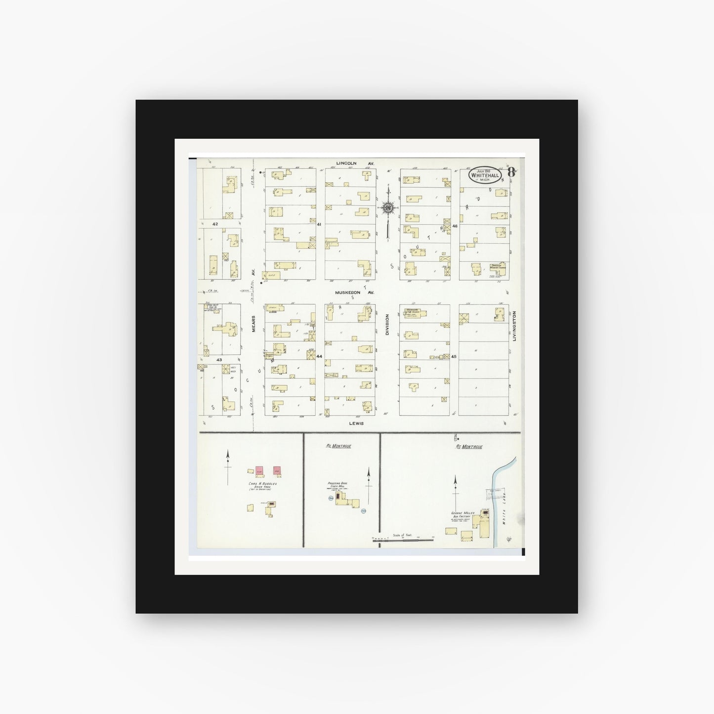 Old map wall art mockup — black gallery frame with white mat — Sanborn Fire Insurance Map from Whitehall, Muskegon County, Michigan (1910), Sheet #0008