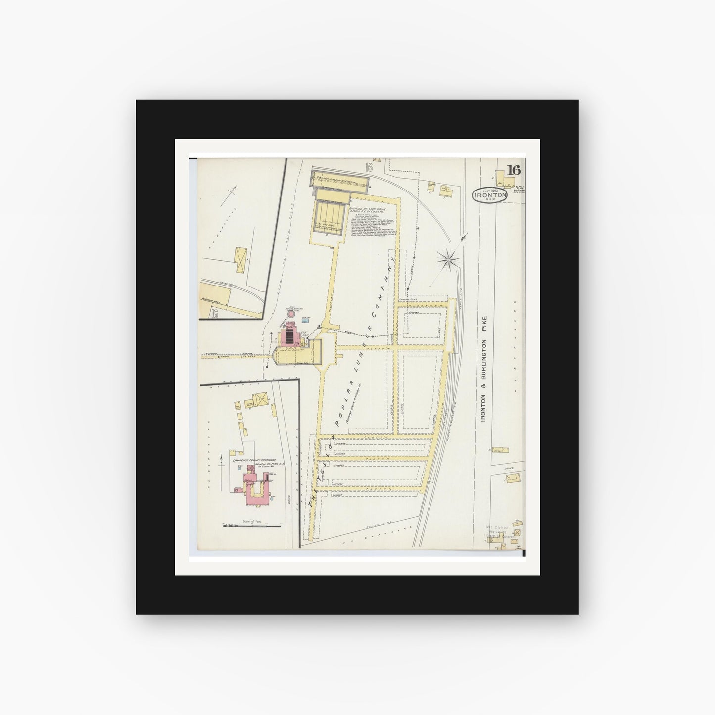 Old map wall art mockup — black gallery frame with white mat — Sanborn Fire Insurance Map from Ironton, Lawrence County, Ohio (1893), Sheet #0016
