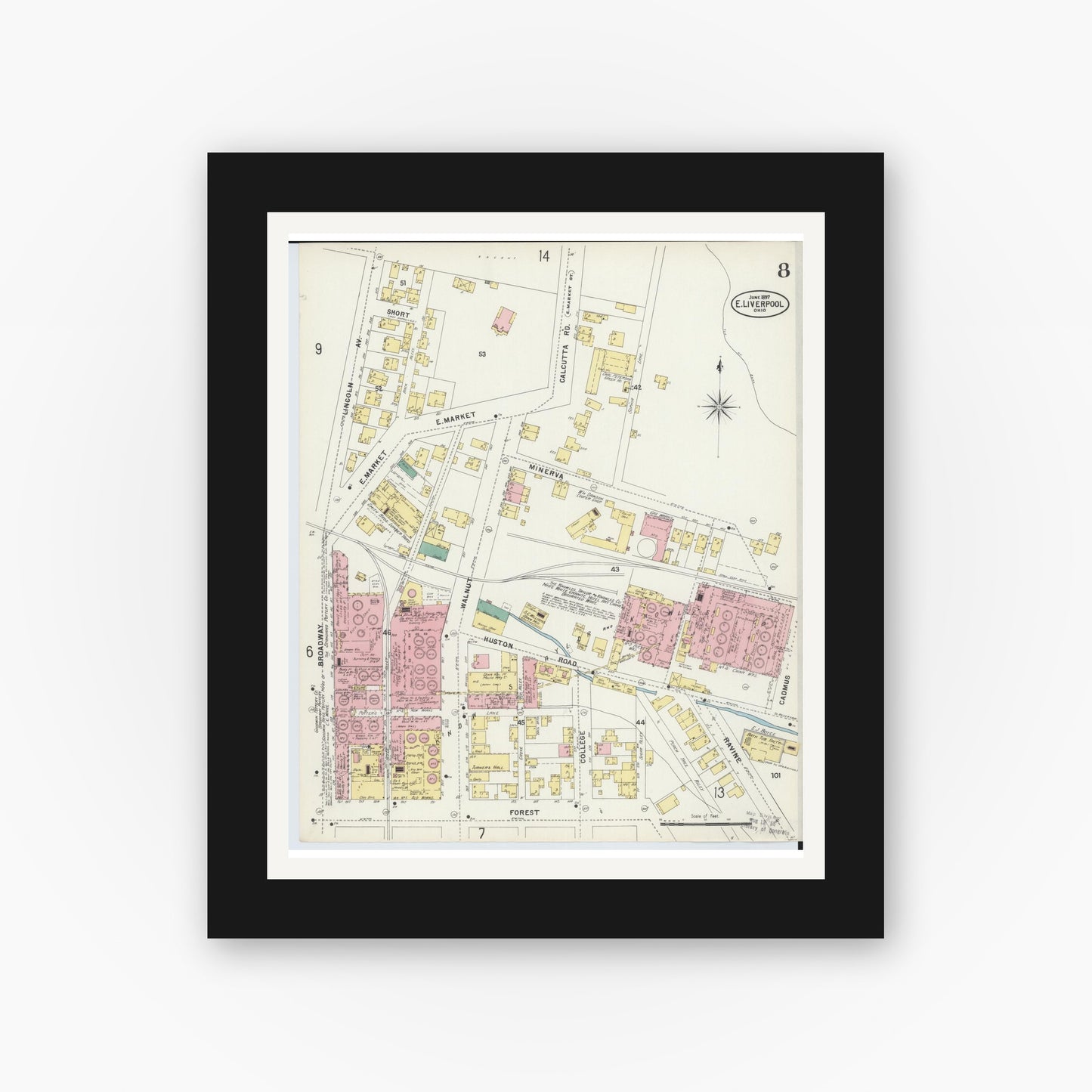 Old map wall art mockup — black gallery frame with white mat — Sanborn Fire Insurance Map from East Liverpool, Columbiana County, Ohio (1897), Sheet #0008