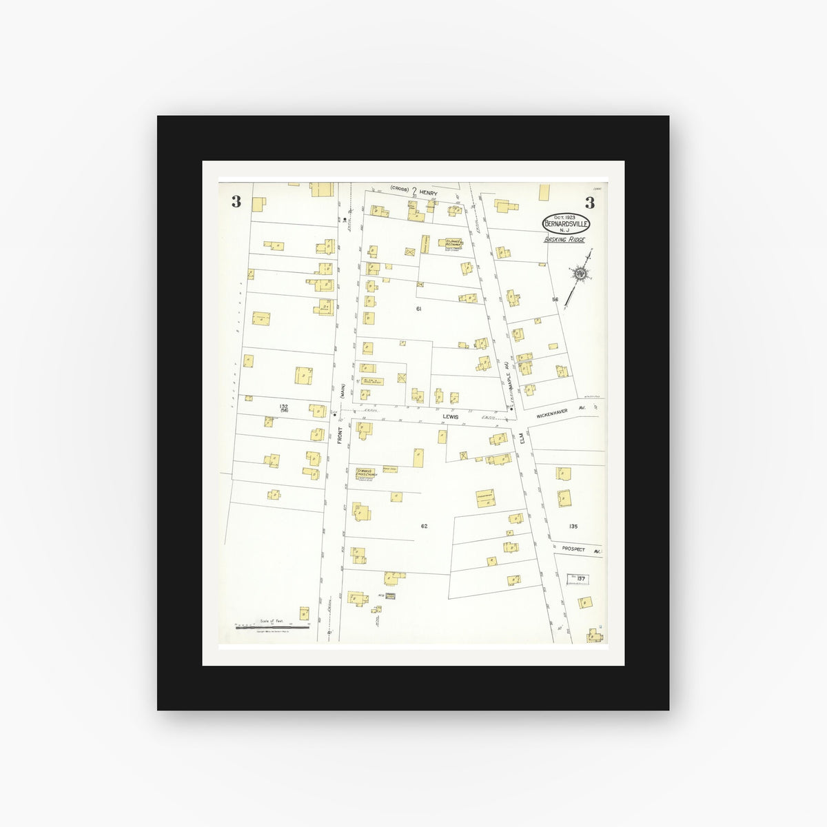 Old map wall art mockup — black gallery frame with white mat — Sanborn Fire Insurance Map from Bernardsville, Somerset County, New Jersey (1923), Sheet #0003