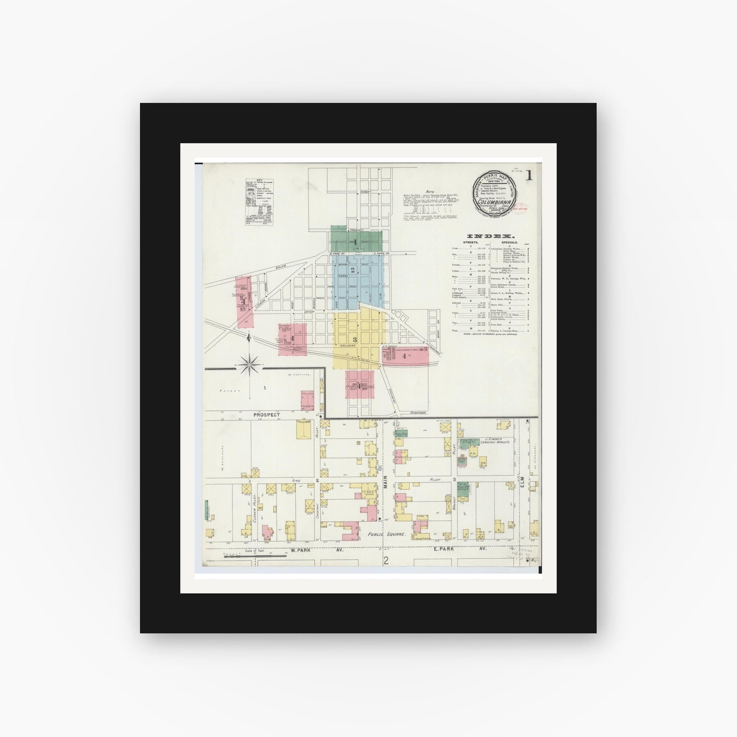 Old map wall art mockup — black gallery frame with white mat — Sanborn Fire Insurance Map from Columbiana, Columbiana County, Ohio (1896), Sheet #0001