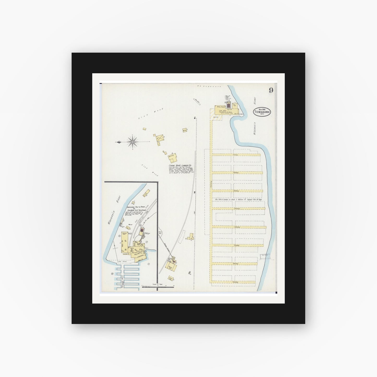 Old map wall art mockup — black gallery frame with white mat — Sanborn Fire Insurance Map from Tomahawk, Lincoln County, Wisconsin (1898), Sheet #0009