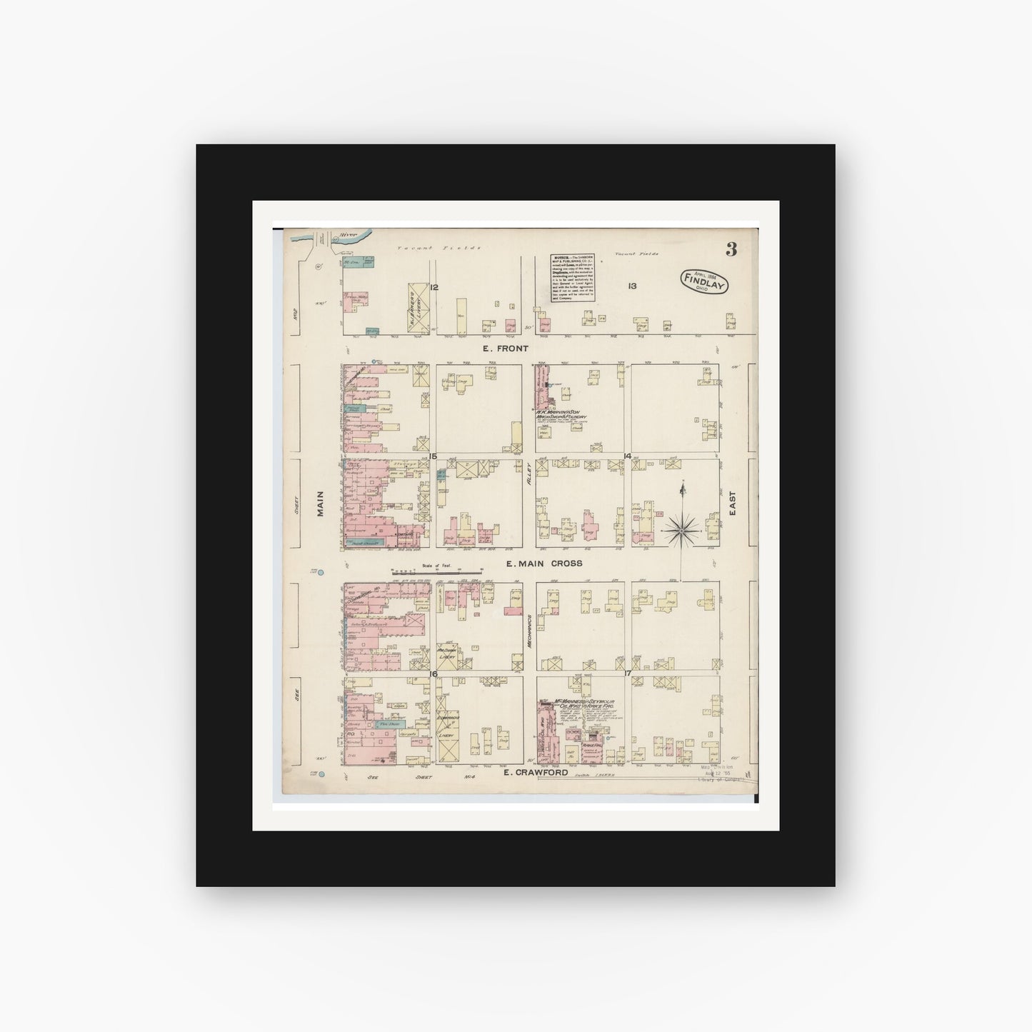 Old map wall art mockup — black gallery frame with white mat — Sanborn Fire Insurance Map from Findlay, Hancock County, Ohio (1884), Sheet #0003