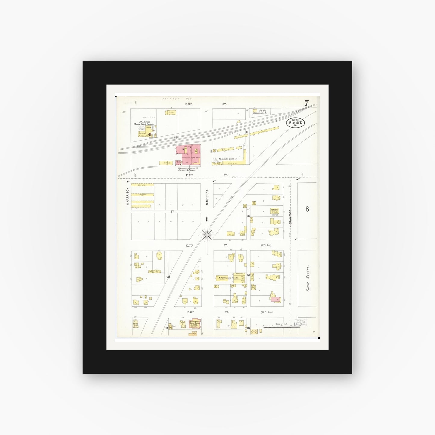 Old map wall art mockup — black gallery frame with white mat — Sanborn Fire Insurance Map from Boone, Boone County, Iowa (1900), Sheet #0007